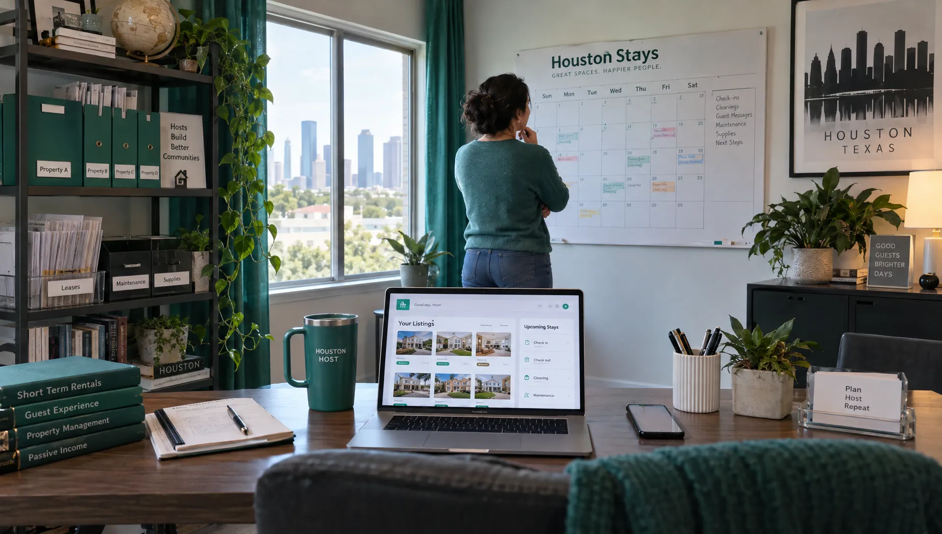 A Houston rental host checks a booking calendar and reservation details in a dedicated workspace.
