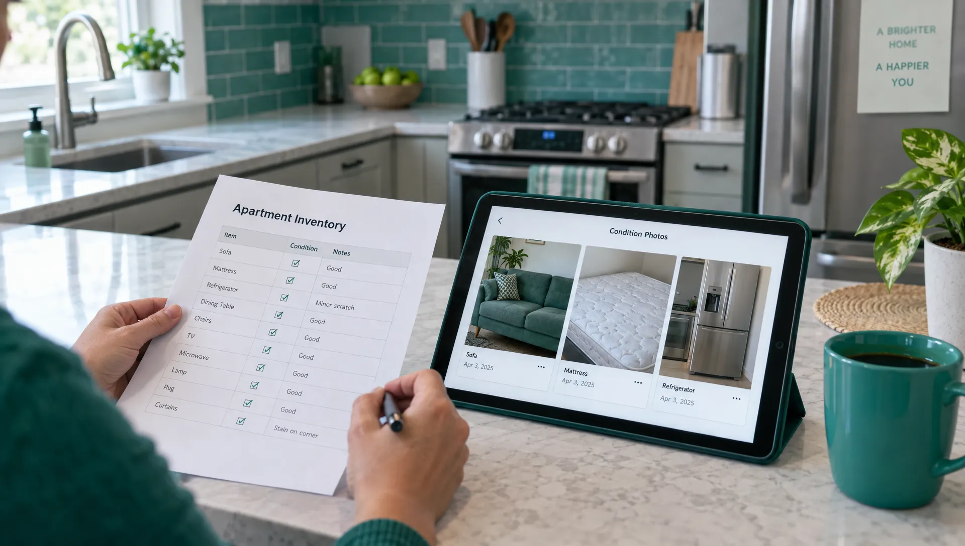 An owner compares dated photos of a sofa, mattress, and appliance with a written inventory for long term furnished apartments.