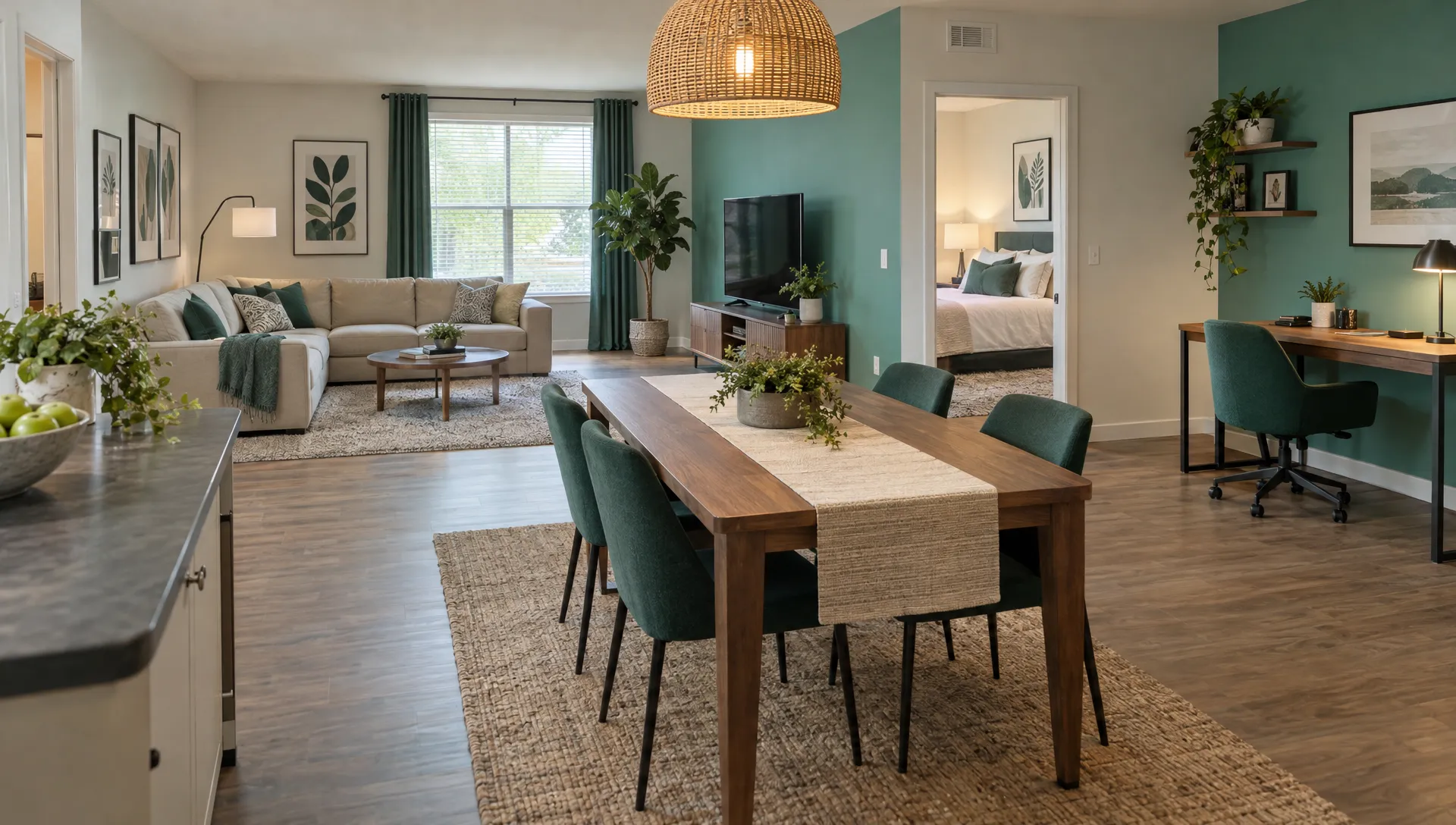 A furnished mid-term rental combines durable living-room seating, a dining table, and a dedicated workspace for residents.