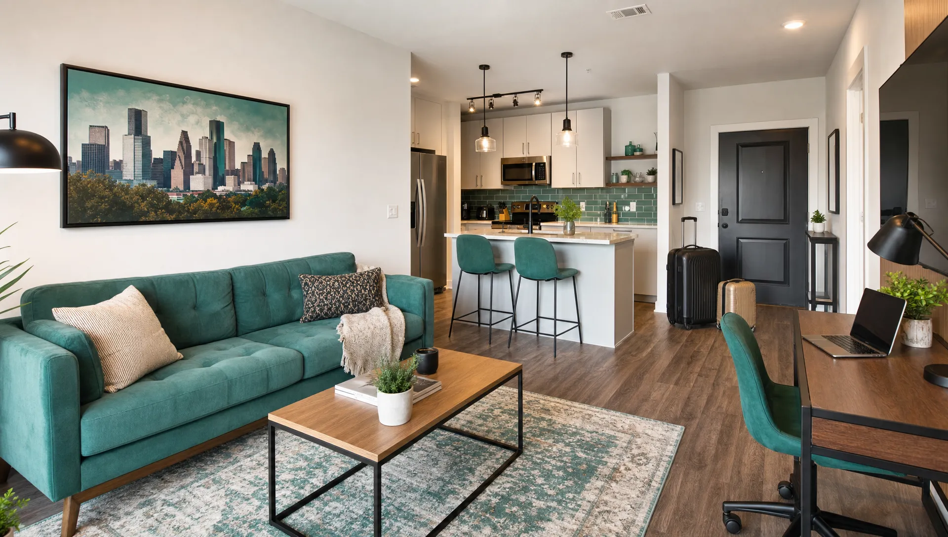 A furnished Houston living room shows a sofa, workspace, stocked kitchen and luggage near the entry for an airbnb monthly rental.