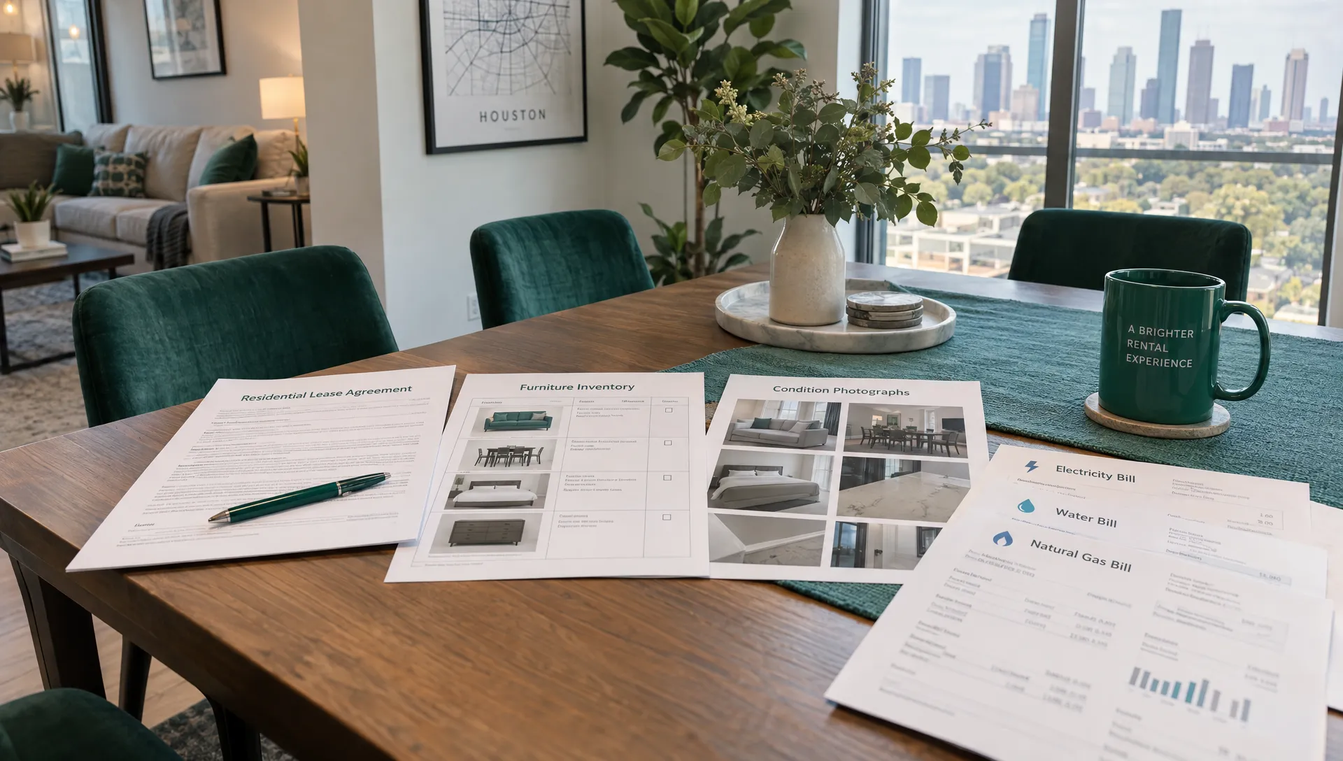 A furnished Houston rental dining table holds a lease, furniture inventory, condition photographs and utility bills for an owner's review.