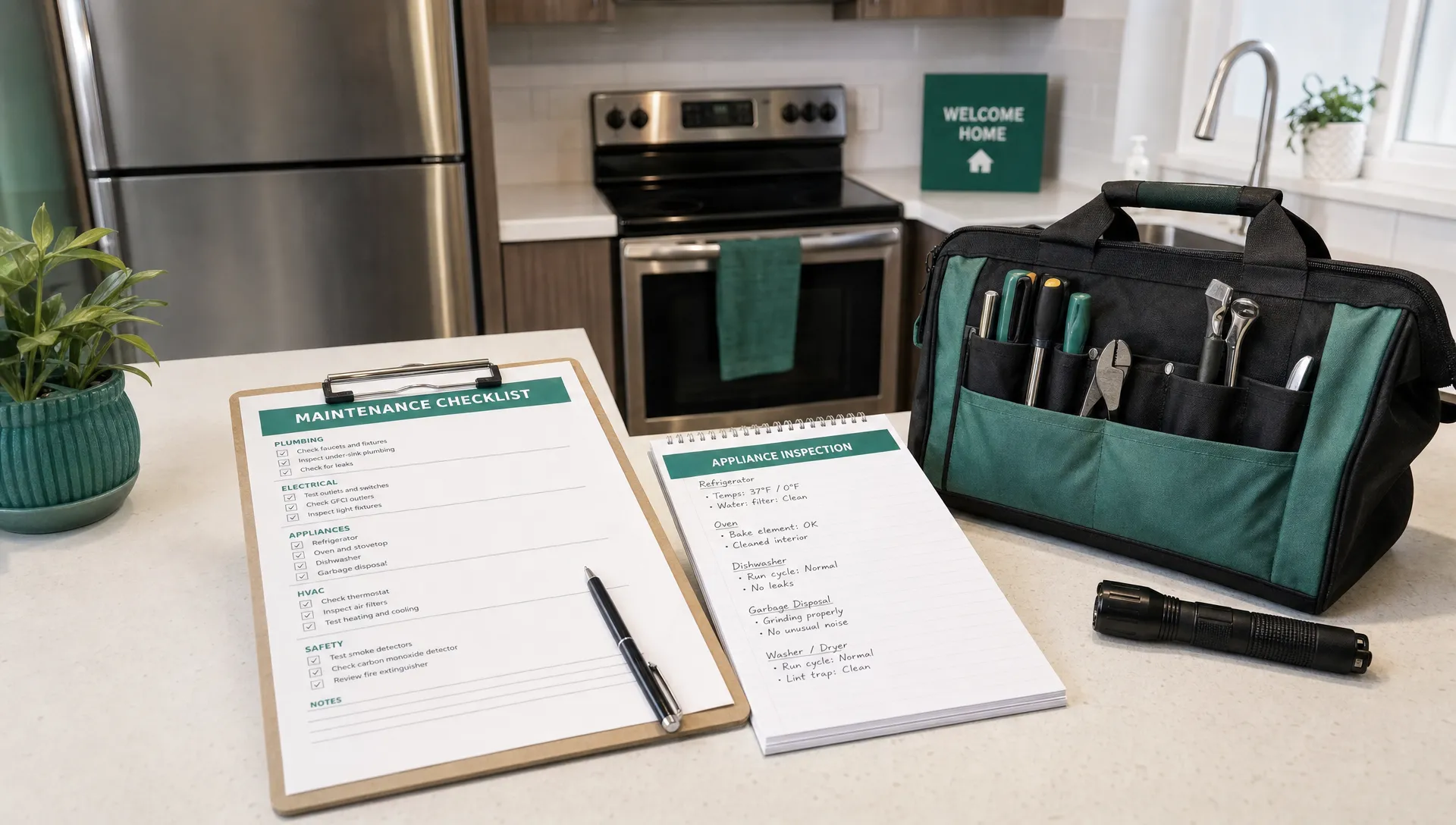 A furnished rental kitchen counter holds a maintenance checklist, tool bag and appliance inspection notes.