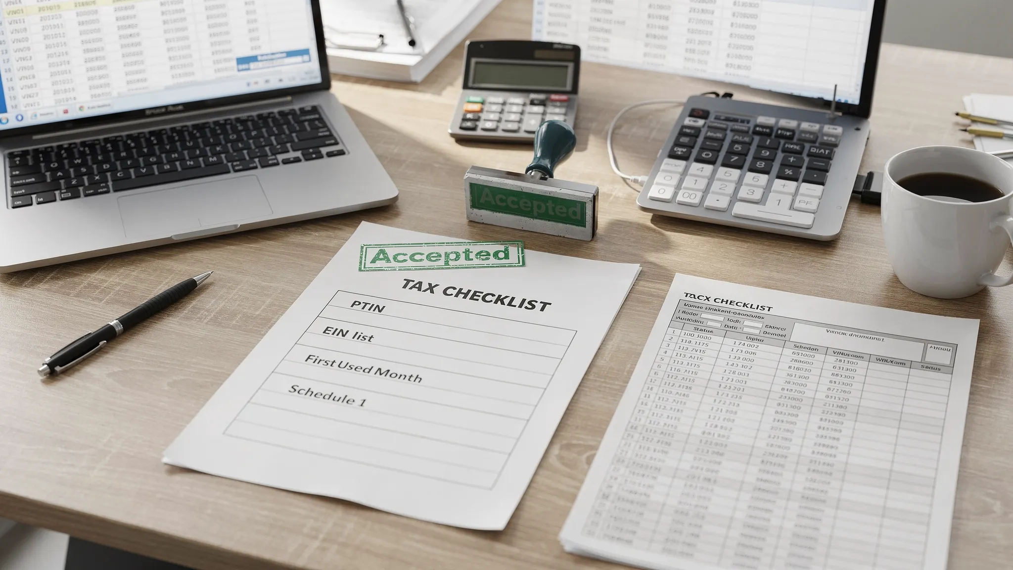 A tax preparer’s desk with a checklist labeled PTIN, EIN, VIN list, First Used Month, and Schedule 1, alongside a truck fleet spreadsheet and a stamped “Accepted” status indicator.