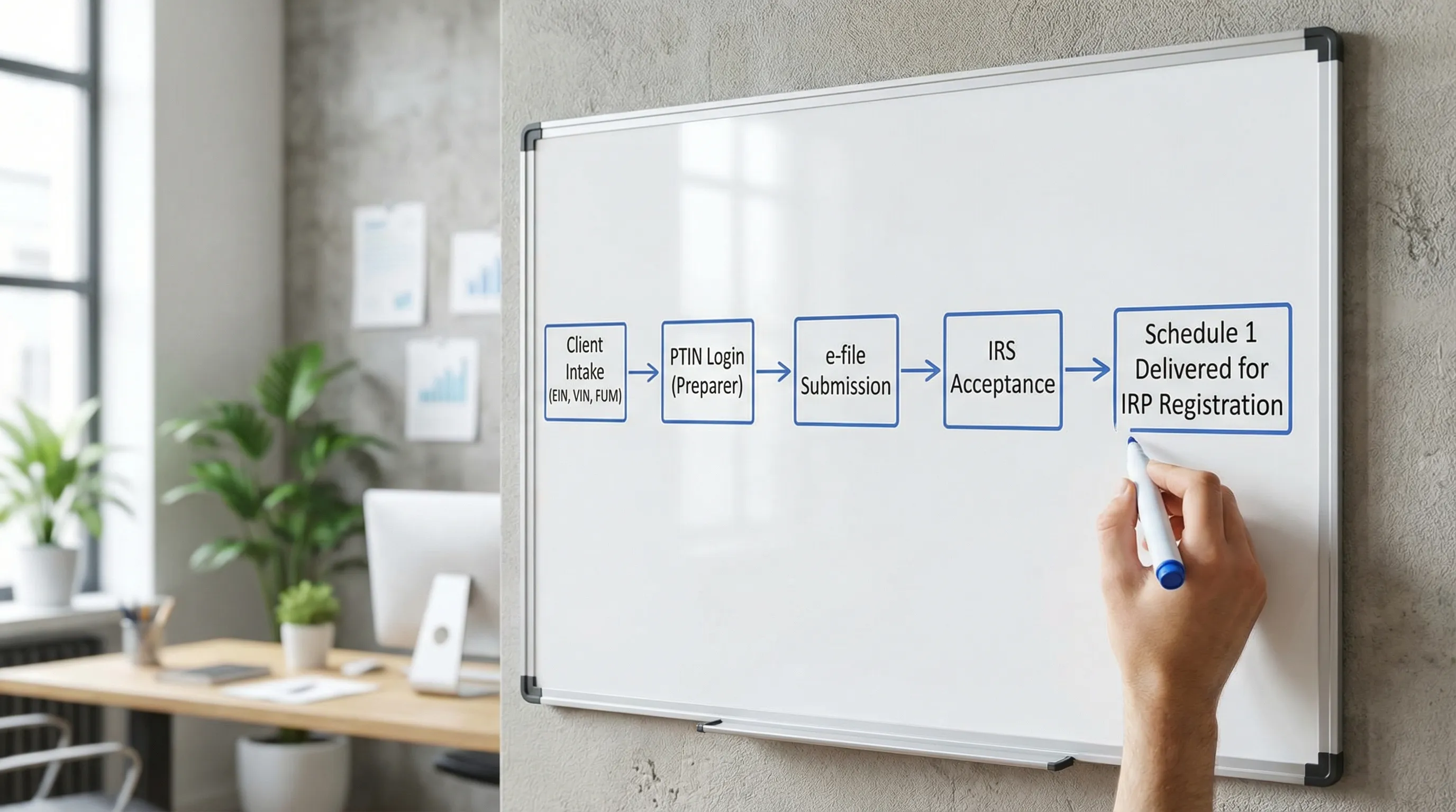 A simple workflow diagram showing: Client intake (EIN, VIN, FUM) to PTIN login (preparer) to e-file submission to IRS acceptance to Schedule 1 delivered for IRP registration.
