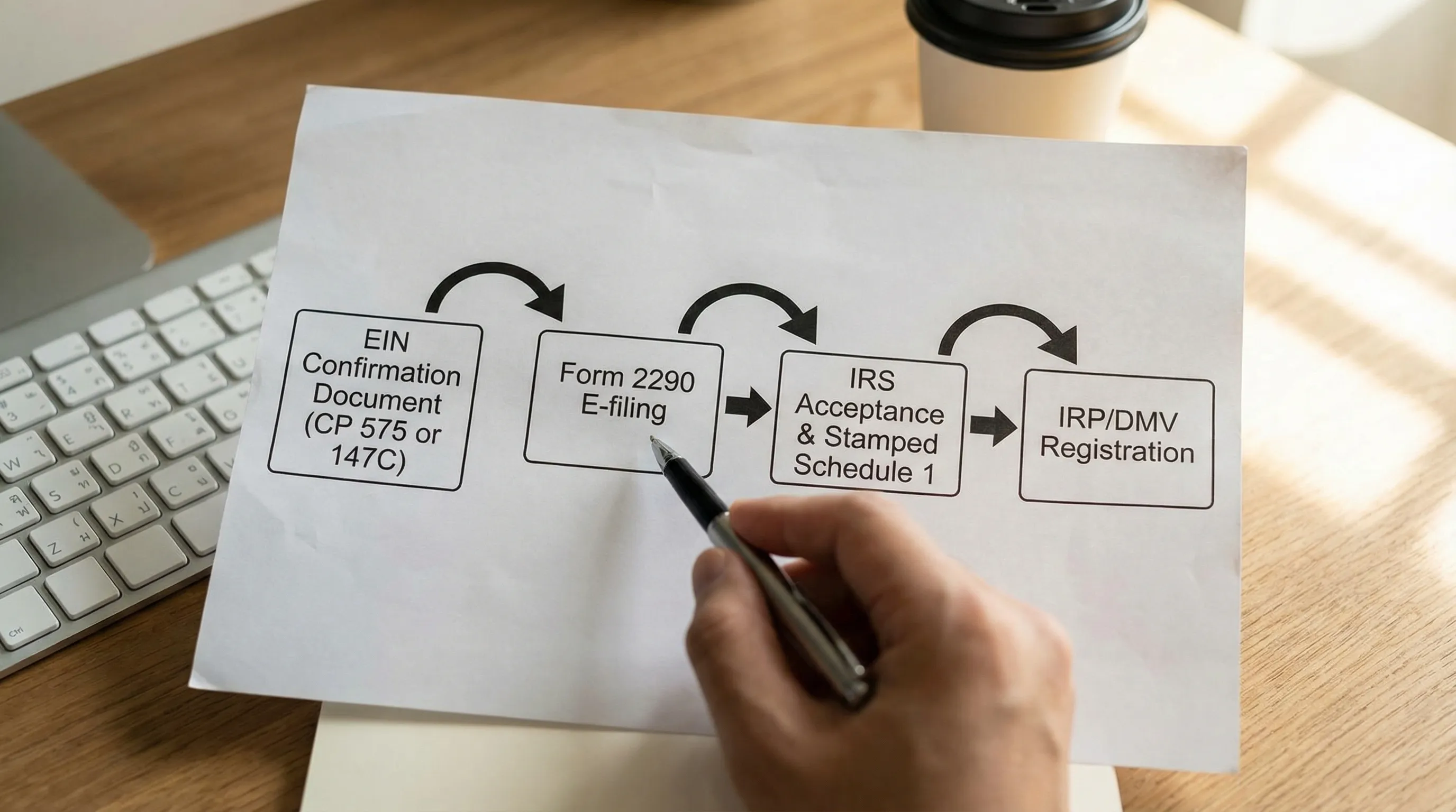 A simple flowchart showing compliance steps for truck tax filing: EIN confirmation document (CP 575 or 147C) leads to Form 2290 e-filing, which leads to IRS acceptance and a stamped Schedule 1, which is then used for IRP/DMV registration.