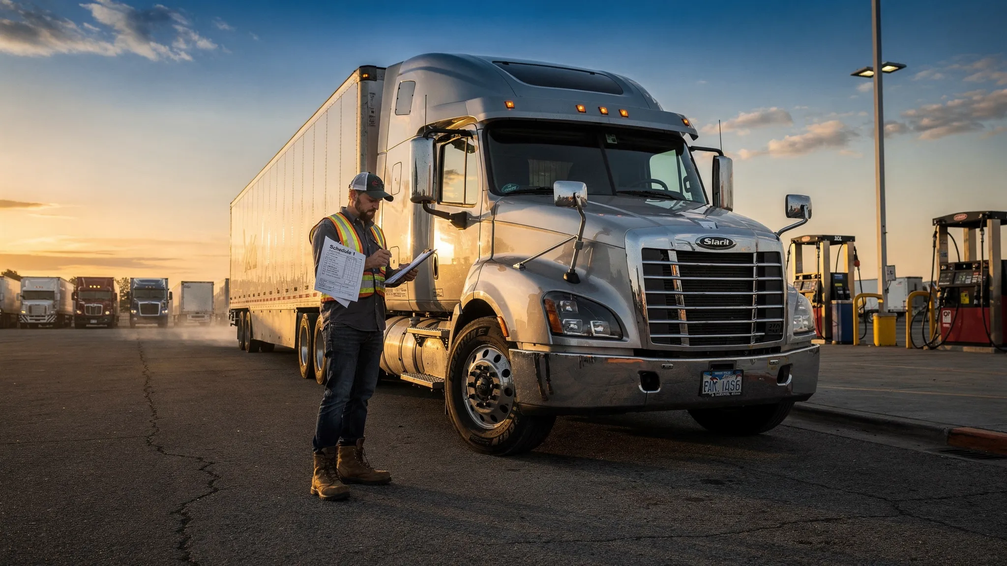 A Class 8 semi-truck parked at a truck stop at sunrise, with the driver reviewing a short checklist and a printed Schedule 1 form on a clipboard near the cab.