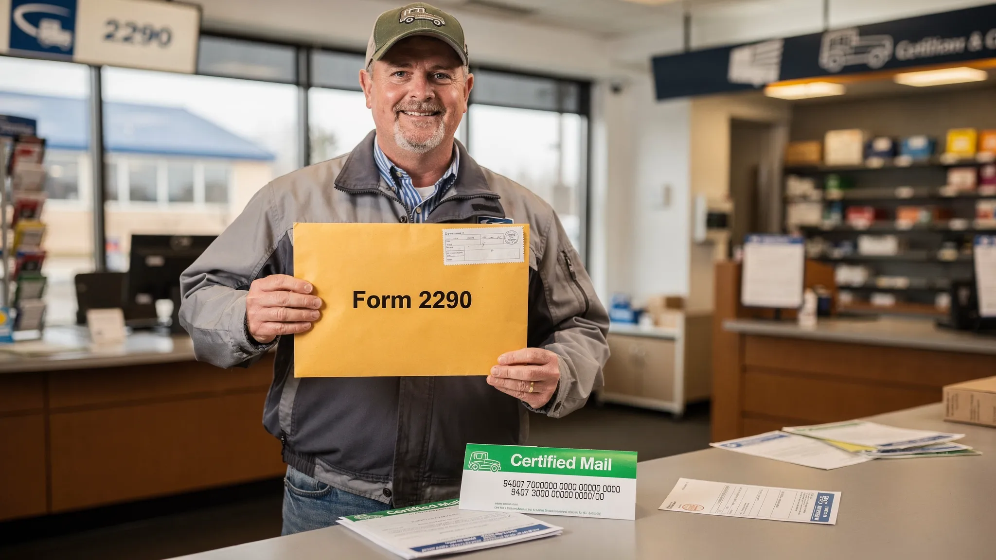 A truck owner at a post office counter holding a large envelope labeled Form 2290, with a certified mail receipt and tracking number visible on the counter.