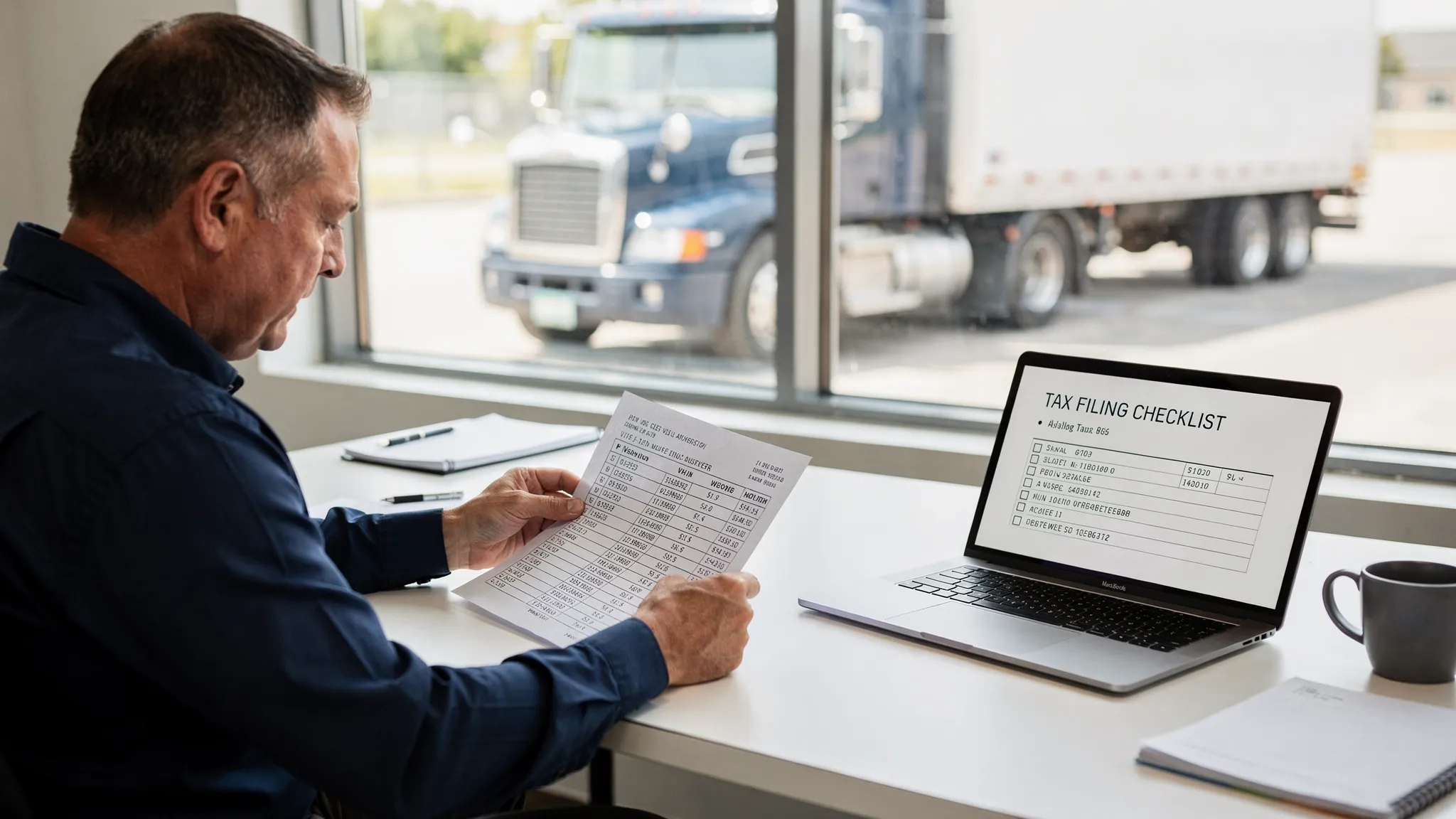 A truck owner-operator at a clean desk reviewing vehicle paperwork (VIN and weight details) beside a laptop showing a generic tax filing checklist screen, with a semi truck visible through a window in the background.