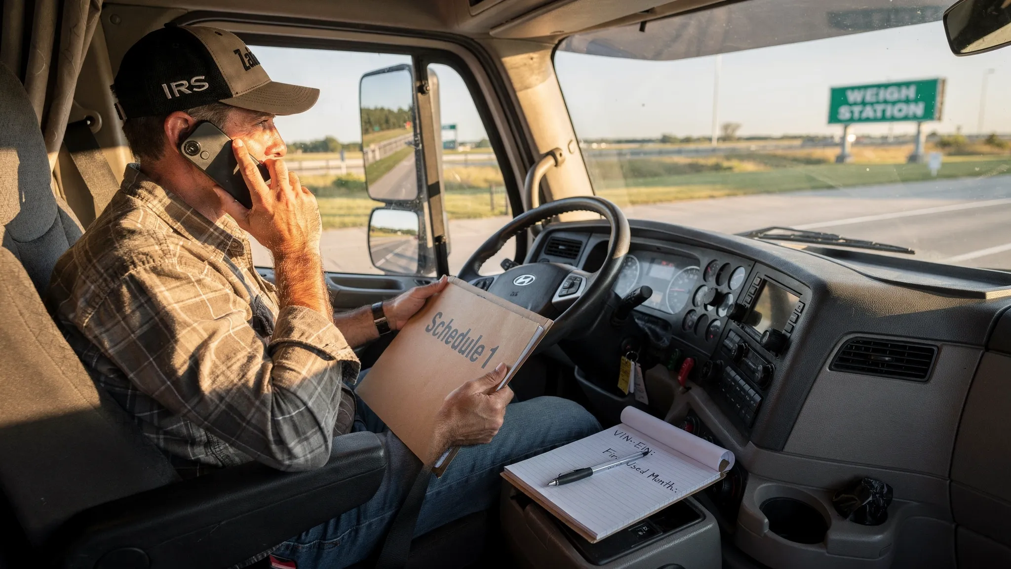 A truck owner-operator seated in a parked semi-truck cab, holding a folder labeled Schedule 1 while calling the IRS on a mobile phone. A notepad lists VIN, EIN, and First Used Month. Morning light comes through the windshield, and a highway weigh station sign is visible outside.