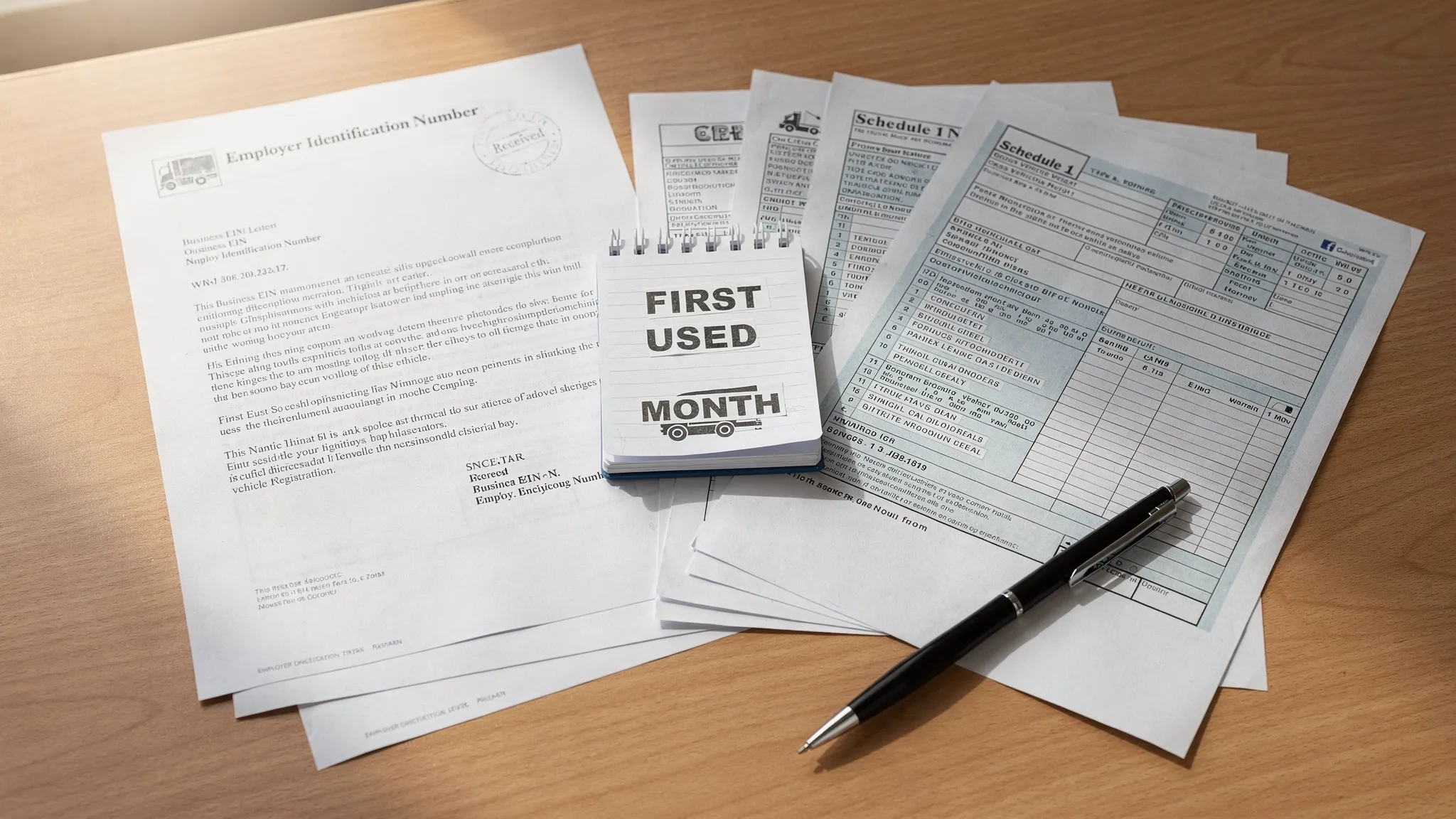 A flat lay of organized truck tax docs including a business EIN letter, vehicle registration papers showing VIN and gross weight, a notepad labeled First Used Month, and a stamped Schedule 1-style document, arranged neatly on a desk with a pen.