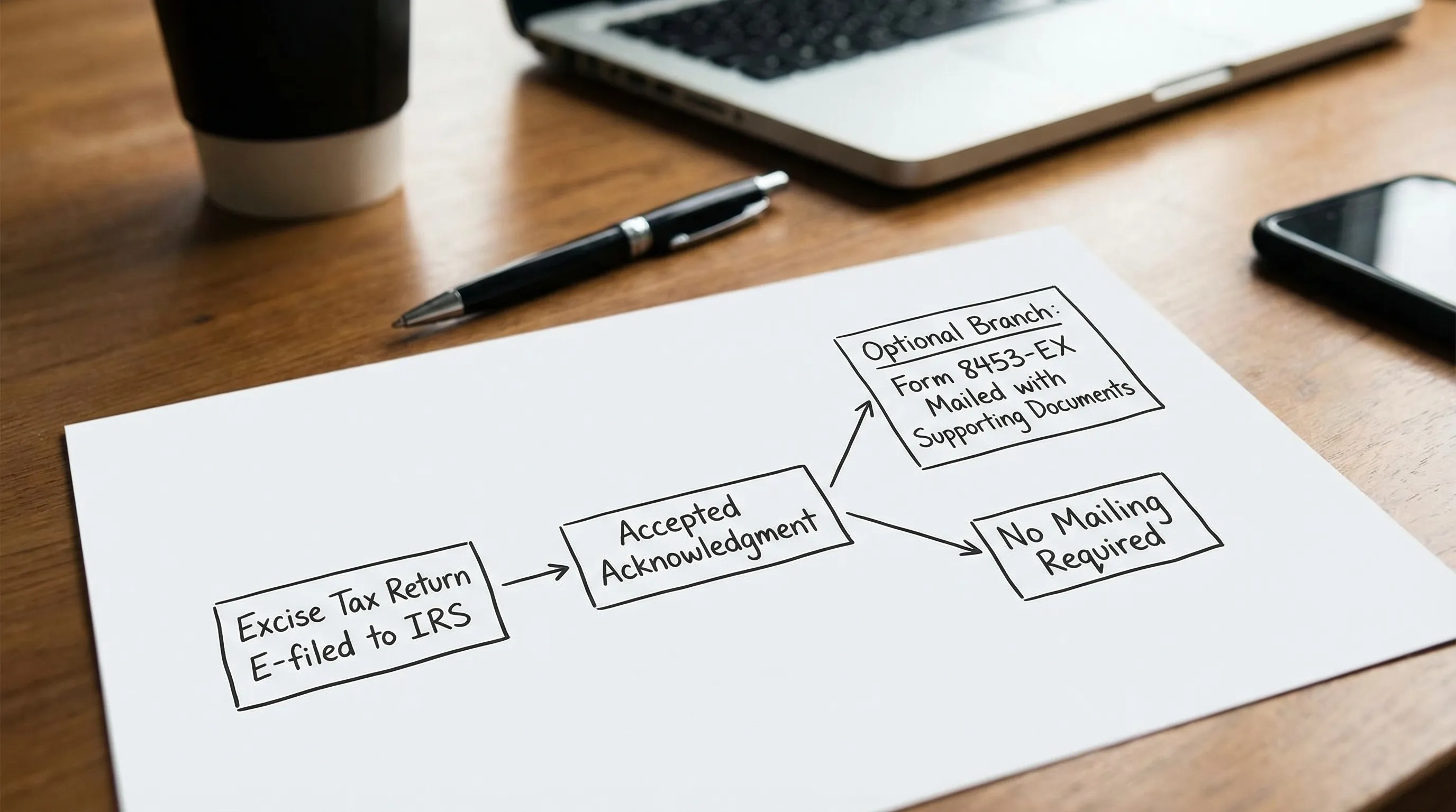 A simple flow diagram showing an excise tax return e-filed to the IRS, an “Accepted” acknowledgment, then an optional branch where Form 8453-EX is mailed with supporting documents; the other branch ends with “No mailing required.”