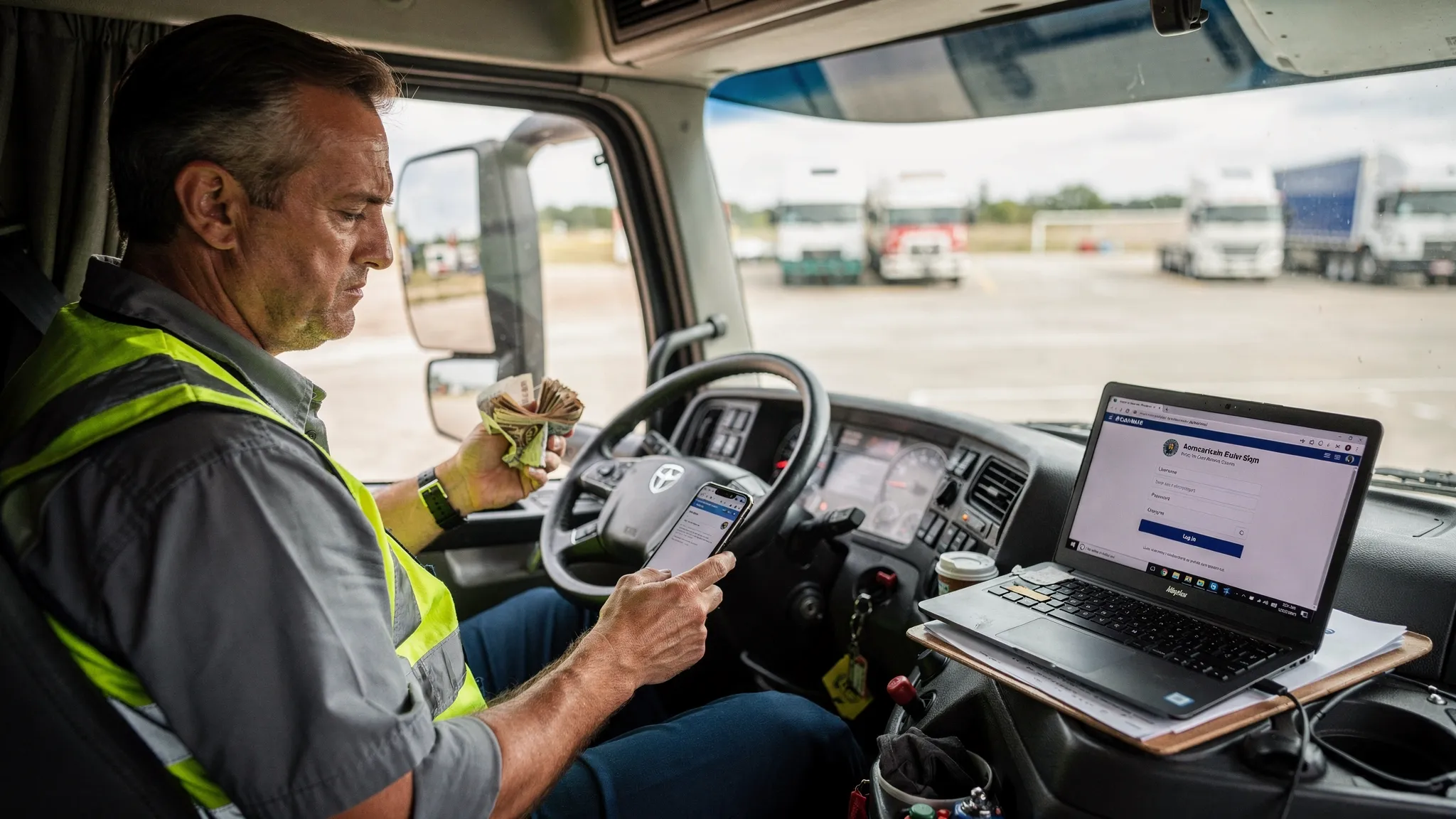A truck driver sitting in a cab with paperwork and a smartphone in hand, looking concerned while trying to log into a government website, with a laptop open on the passenger seat showing a generic login page.