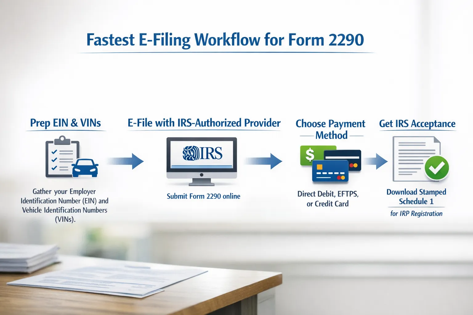 A simple process diagram showing the fastest e-filing workflow for Form 2290: Prep EIN and VINs, e-file through an IRS-authorized provider, choose payment method (Direct Debit/EFTPS/card), receive IRS acceptance and download stamped Schedule 1 for IRP registration.