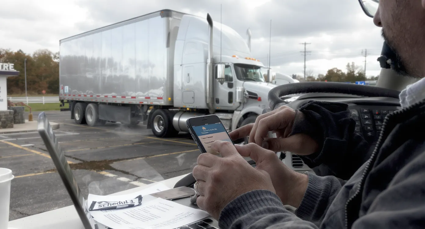 A long-haul truck parked at a highway rest area while a driver uses a smartphone and laptop to file Form 2290 online. The phone shows a digital document labeled Schedule 1.