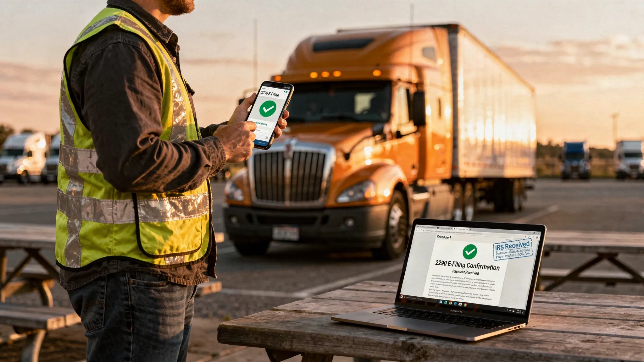 An over-the-road semi parked at a rest area at sunrise. A driver holds a smartphone showing an e-filing confirmation screen, while a laptop on a small table displays a stamped Schedule 1 PDF, symbolizing quick online 2290 filing and payment.
