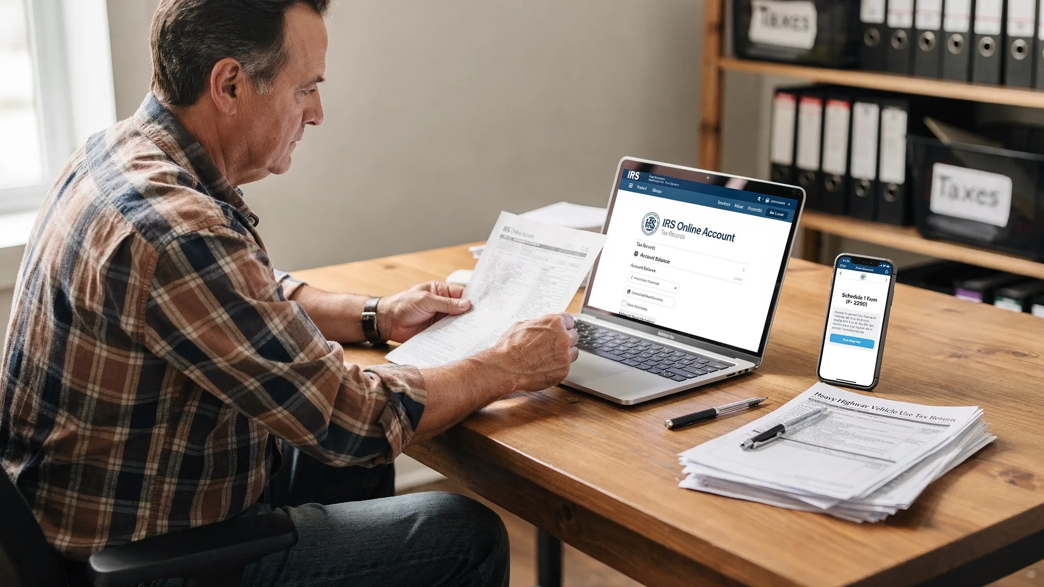 A truck owner at a desk reviewing trucking tax paperwork while looking at an IRS online account dashboard on a laptop screen, with a smartphone and a printed Schedule 1 document nearby.