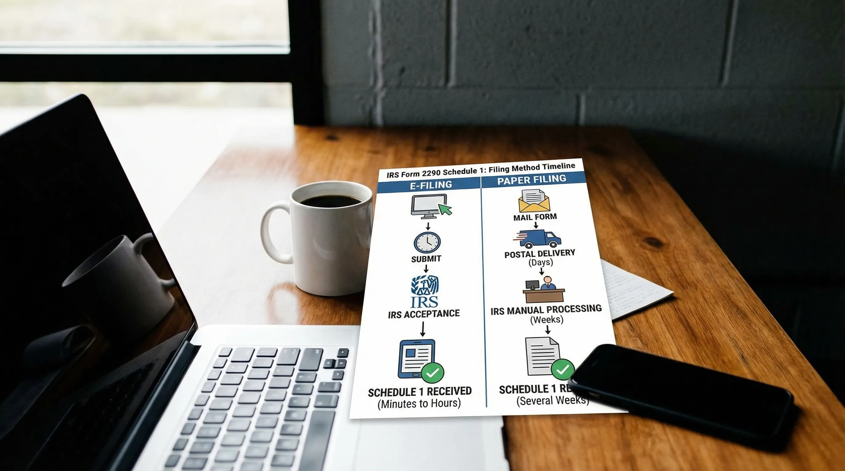 A simple comparison chart showing two timelines for getting IRS Form 2290 Schedule 1: e-filing results in minutes to hours after acceptance, while paper filing takes several weeks with mailing and manual processing steps.