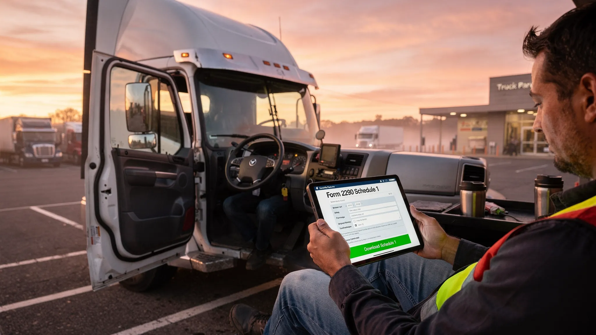 A long-haul semi truck parked at a rest area at sunrise, with a driver reviewing a digital Form 2290 Schedule 1 on a tablet inside the cab.