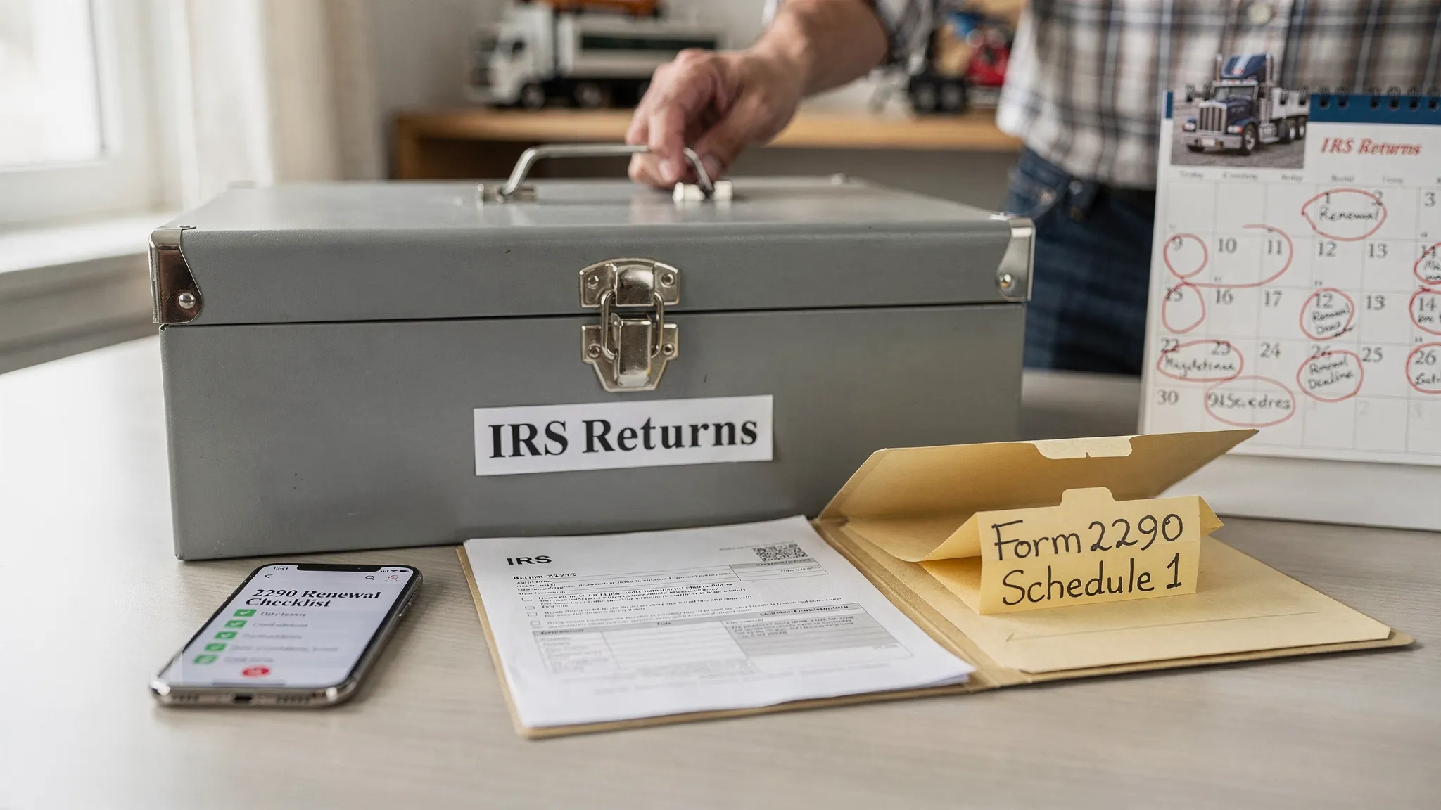 A truck owner organizing tax documents: a locked file box labeled IRS Returns next to a separate folder labeled Form 2290 Schedule 1, with a phone showing a checklist (screen facing the viewer) and a calendar marked with renewal deadlines.