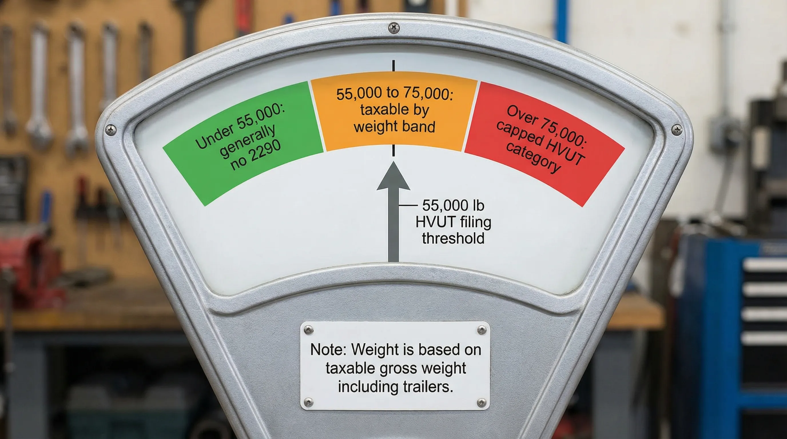 A simple visual chart showing the 55,000 lb HVUT filing threshold on a weight scale, with three zones labeled “Under 55,000: generally no 2290,” “55,000 to 75,000: taxable by weight band,” and “Over 75,000: capped HVUT category,” plus a small note that weight is based on taxable gross weight including trailers.