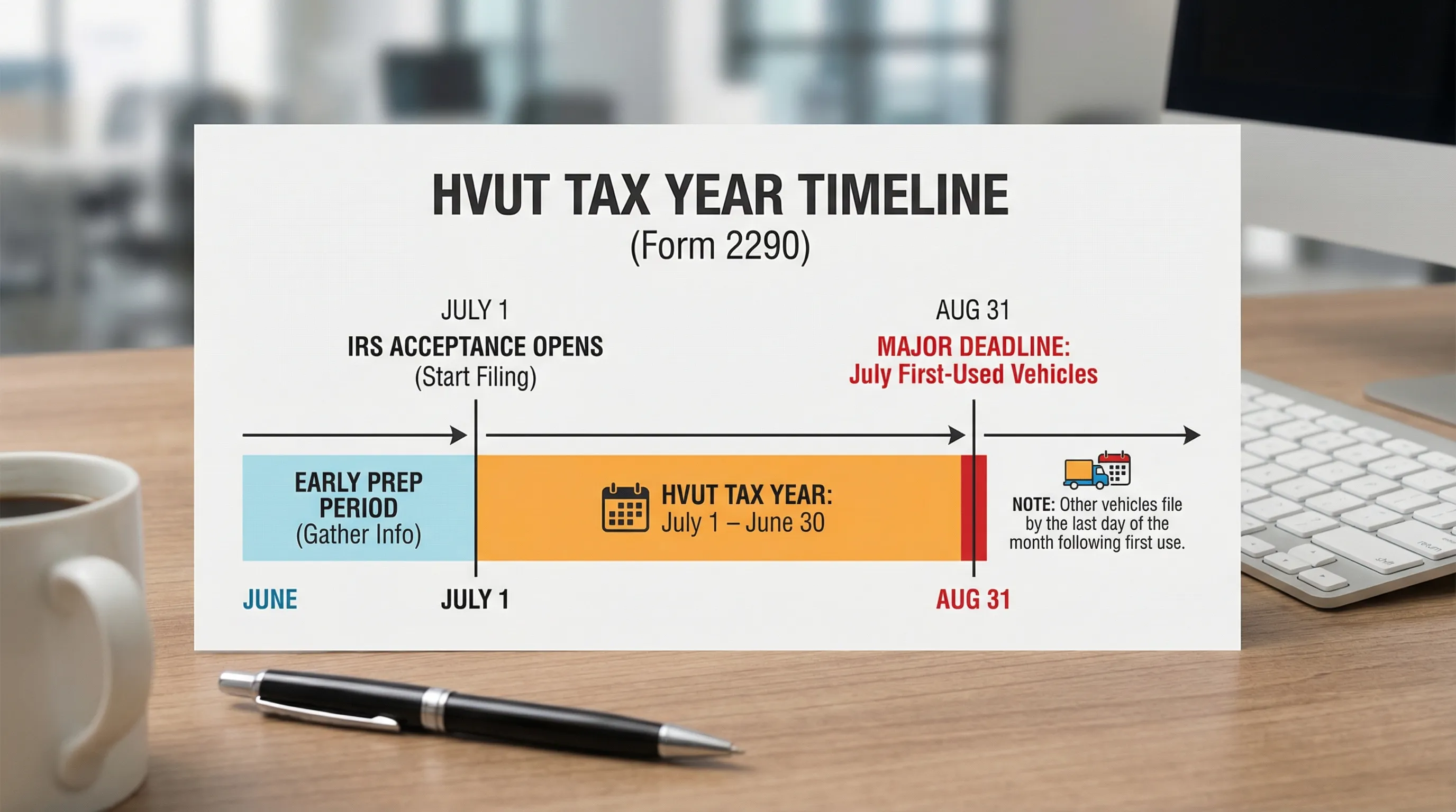 A simple timeline graphic showing the HVUT tax year (July 1 to June 30), the early preparation period in June, IRS acceptance opening around July 1, and the major deadline for July first-used vehicles at the end of August, with a note that other vehicles follow a month-after-first-use rule.