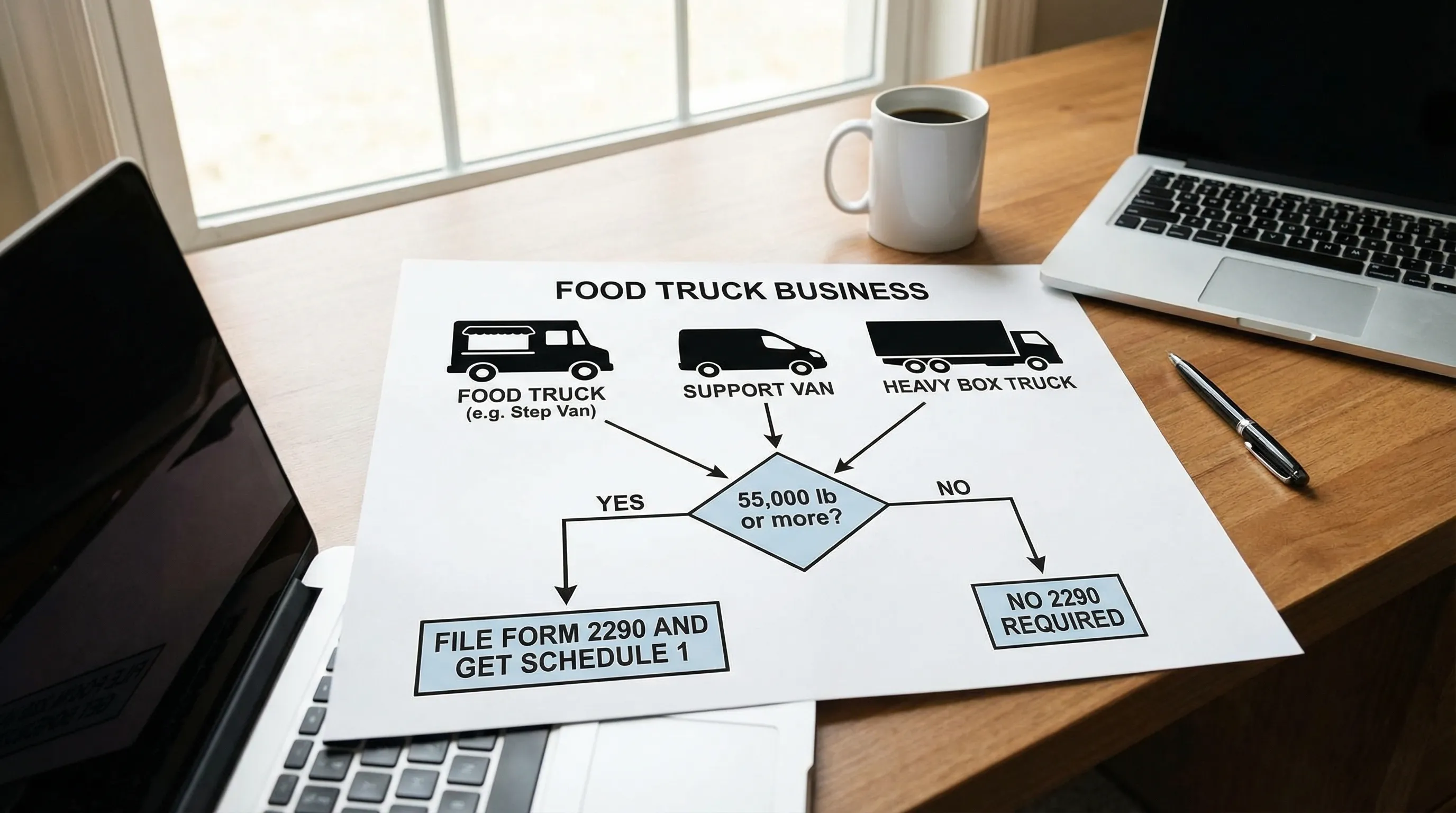 A simple flowchart showing a food truck business with three vehicle types (food truck, support van, heavy box truck) and a decision path based on “55,000 lb or more?” leading to “File Form 2290 and get Schedule 1” or “No 2290 required.”