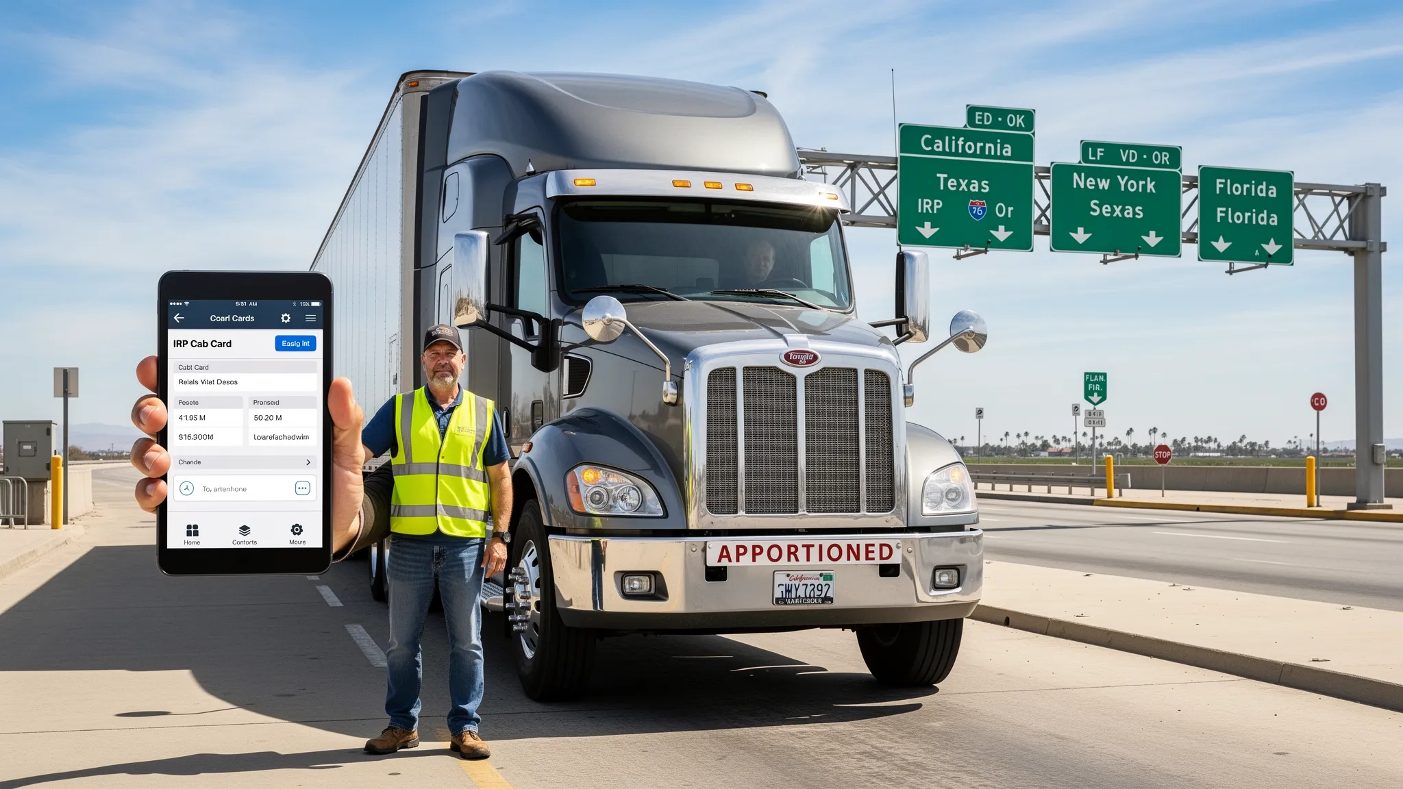 A Class 8 semi-truck at a weigh station showing an apportioned license plate, while the driver holds up a tablet that displays an electronic IRP cab card; highway signs for multiple states are visible in the background.