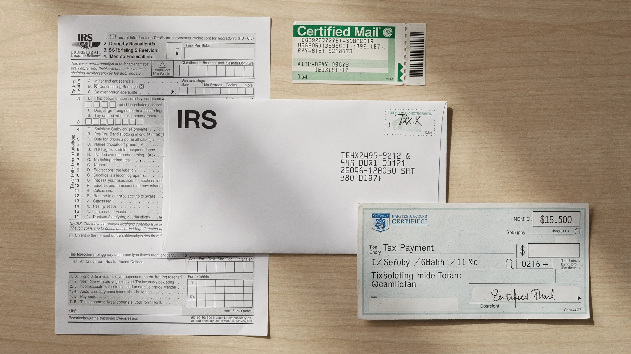 A flat lay of a tax-related mailing setup: an envelope labeled IRS, a printed tax form, a check, and a certified mail receipt placed neatly on a desk.