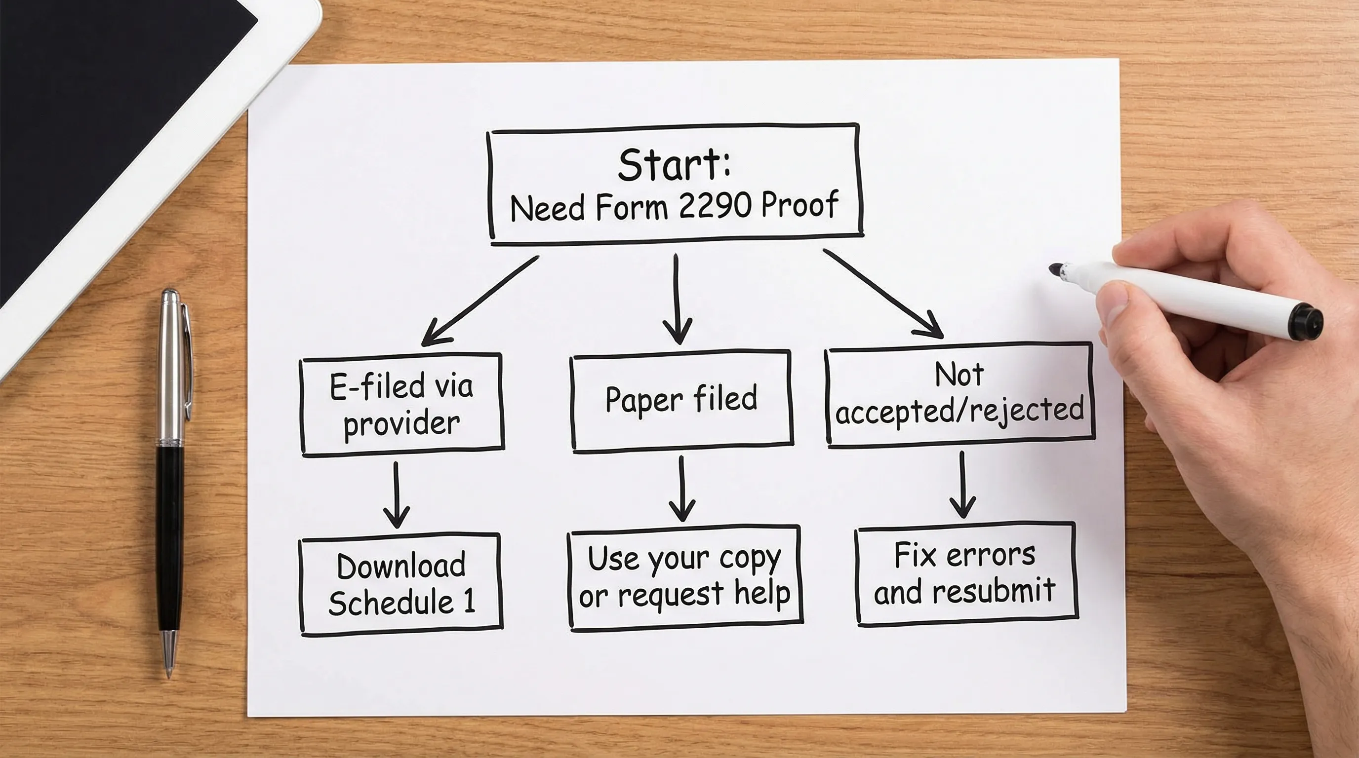 A simple decision flowchart showing three paths to retrieve Form 2290 proof: “E-filed via provider” (download Schedule 1), “Paper filed” (use your copy or request help), and “Not accepted/rejected” (fix errors and resubmit).
