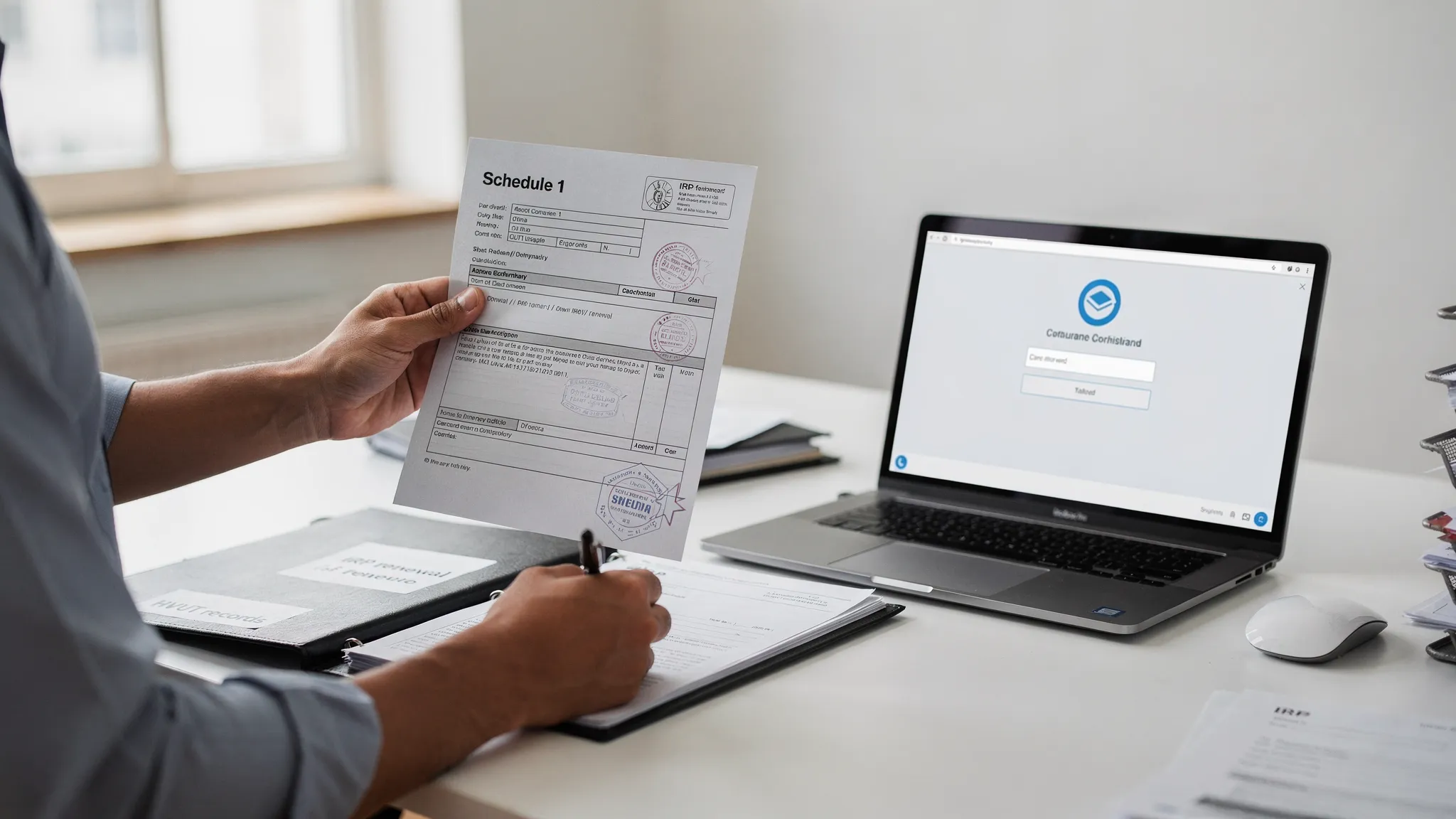 A truck owner holding a printed stamped Schedule 1 next to a folder labeled IRP renewal and HVUT records, with a laptop nearby showing a confirmation screen.