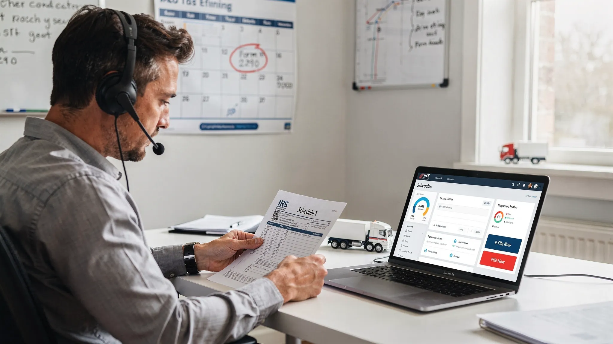 A trucking office scene with a dispatcher reviewing a printed Schedule 1 next to a laptop open to an e-filing dashboard, with a wall calendar showing an upcoming due date.
