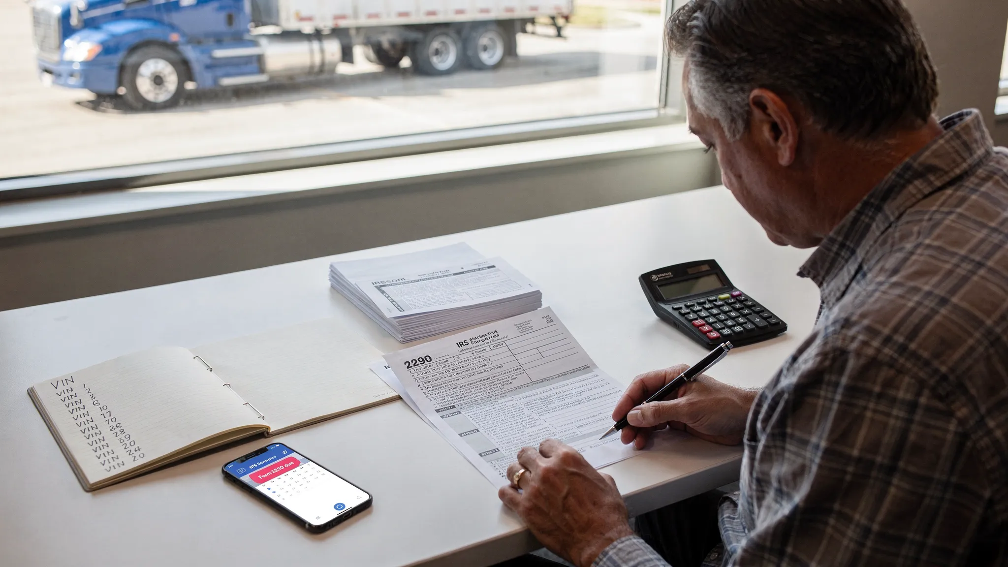 A truck owner at a clean desk reviewing a printed IRS Form 2290 packet with a calculator, a notepad listing VINs, and a smartphone showing a calendar reminder, with a semi truck visible through a window in the background.