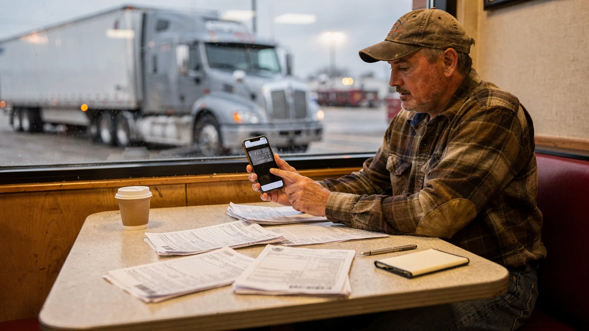 An owner-operator sitting at a truck stop table reviewing a small stack of tax documents and a VIN plate photo on a phone, with a semi truck parked outside the window.
