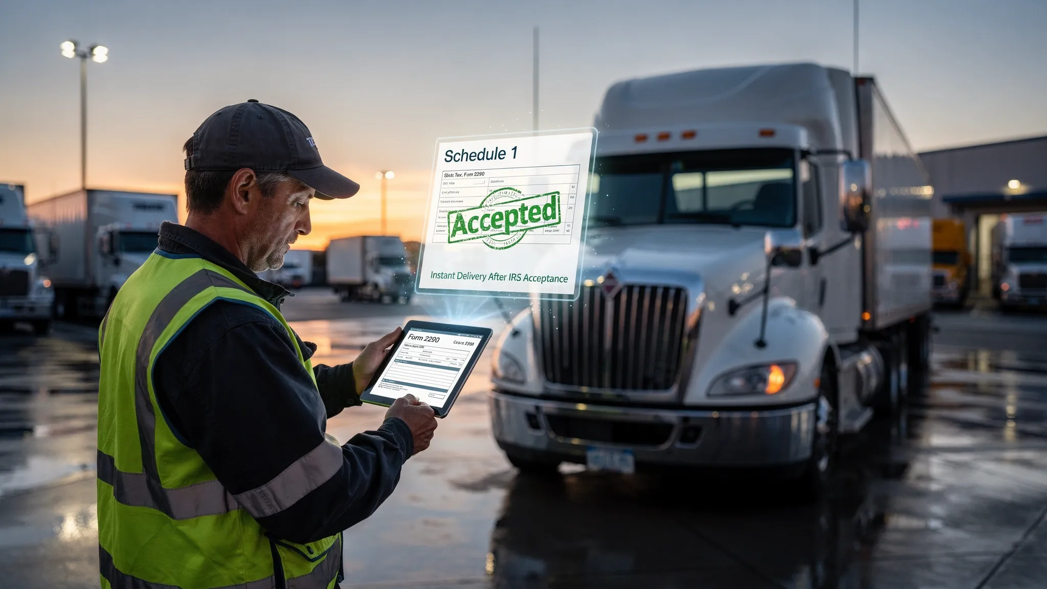 A Class 8 semi-truck at dawn in a logistics yard, a driver reviewing Form 2290 details on a tablet, with a stylized digital Schedule 1 confirmation overlay.