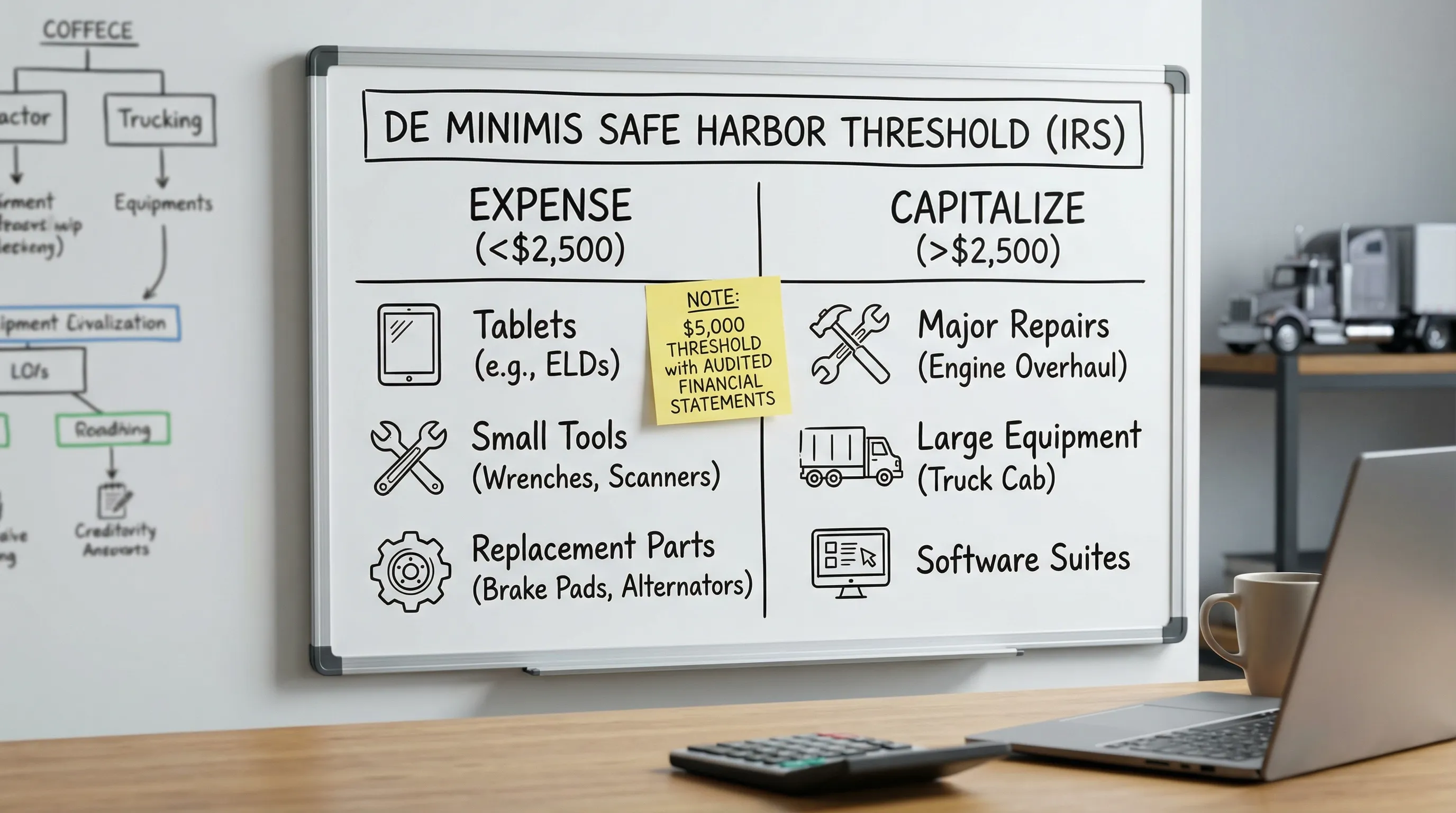 A simple visual showing the $2,500 de minimis safe harbor threshold for expensing vs capitalizing, with examples relevant to trucking such as tablets, small tools, and replacement parts, plus a note that $5,000 may apply with audited financial statements.