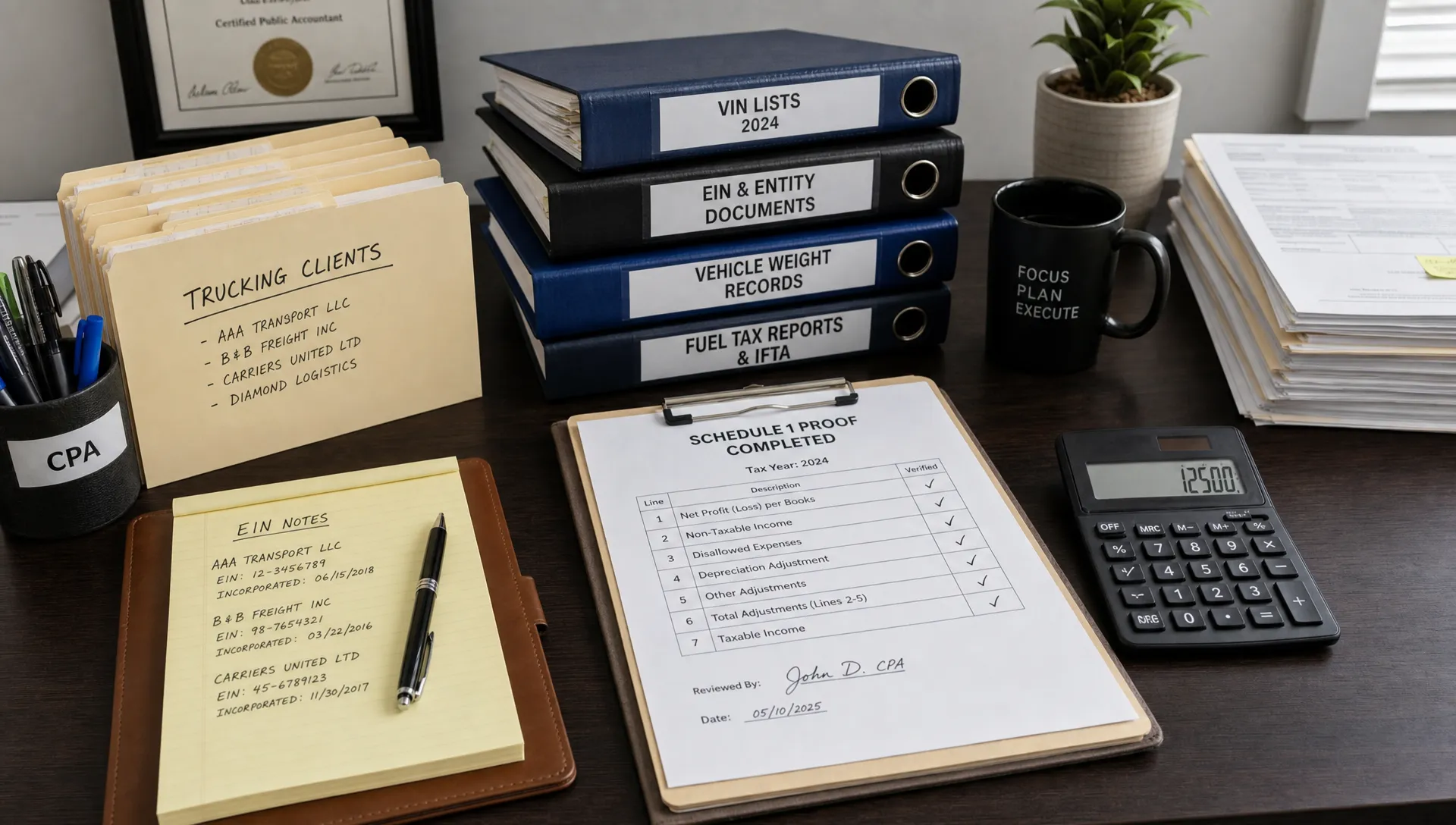 An organized CPA desk shows trucking client folders, VIN lists, EIN notes, vehicle weight records, a calculator, and a completed Schedule 1 proof document.