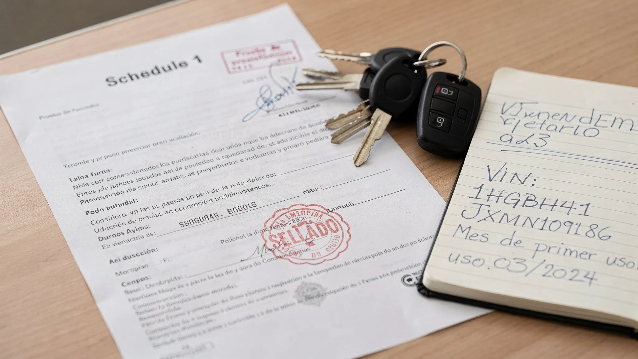 Un documento “Schedule 1” sellado y marcado como prueba de presentación, junto a llaves de camión y una libreta con notas de VIN y mes de primer uso.