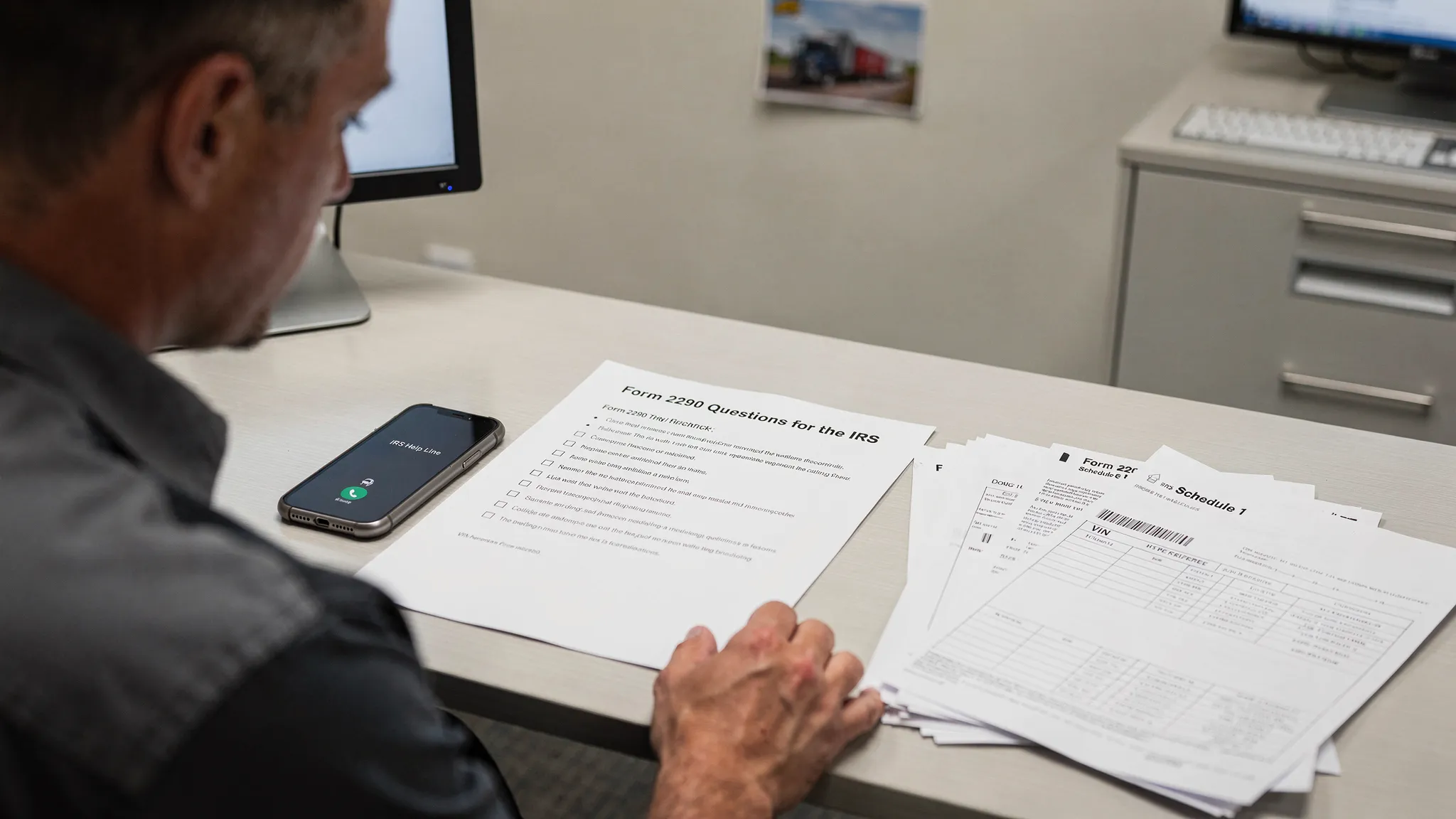 A truck owner at a desk with a printed checklist labeled Form 2290 Questions for the IRS, a phone, and vehicle documents including a VIN plate reference and a Schedule 1 sample.