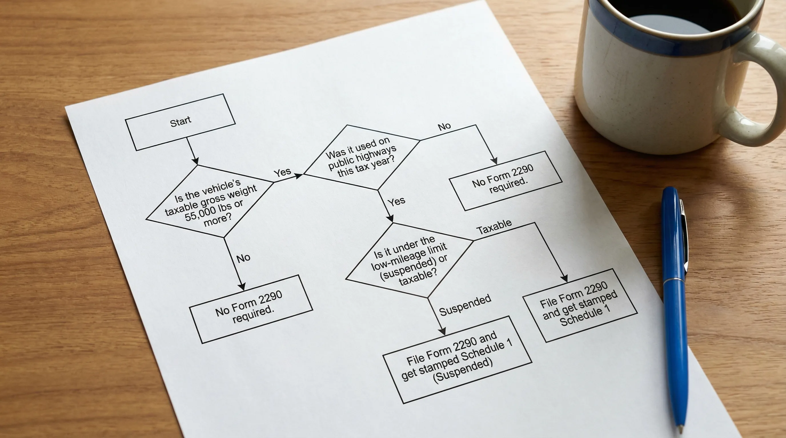A simple decision flowchart for Form 2290 filing: Start, then “Is the vehicle’s taxable gross weight 55,000 lbs or more?”, then “Was it used on public highways this tax year?”, then “Is it under the low-mileage limit (suspended) or taxable?”, ending with “File Form 2290 and get stamped Schedule 1” or “No Form 2290 required.”