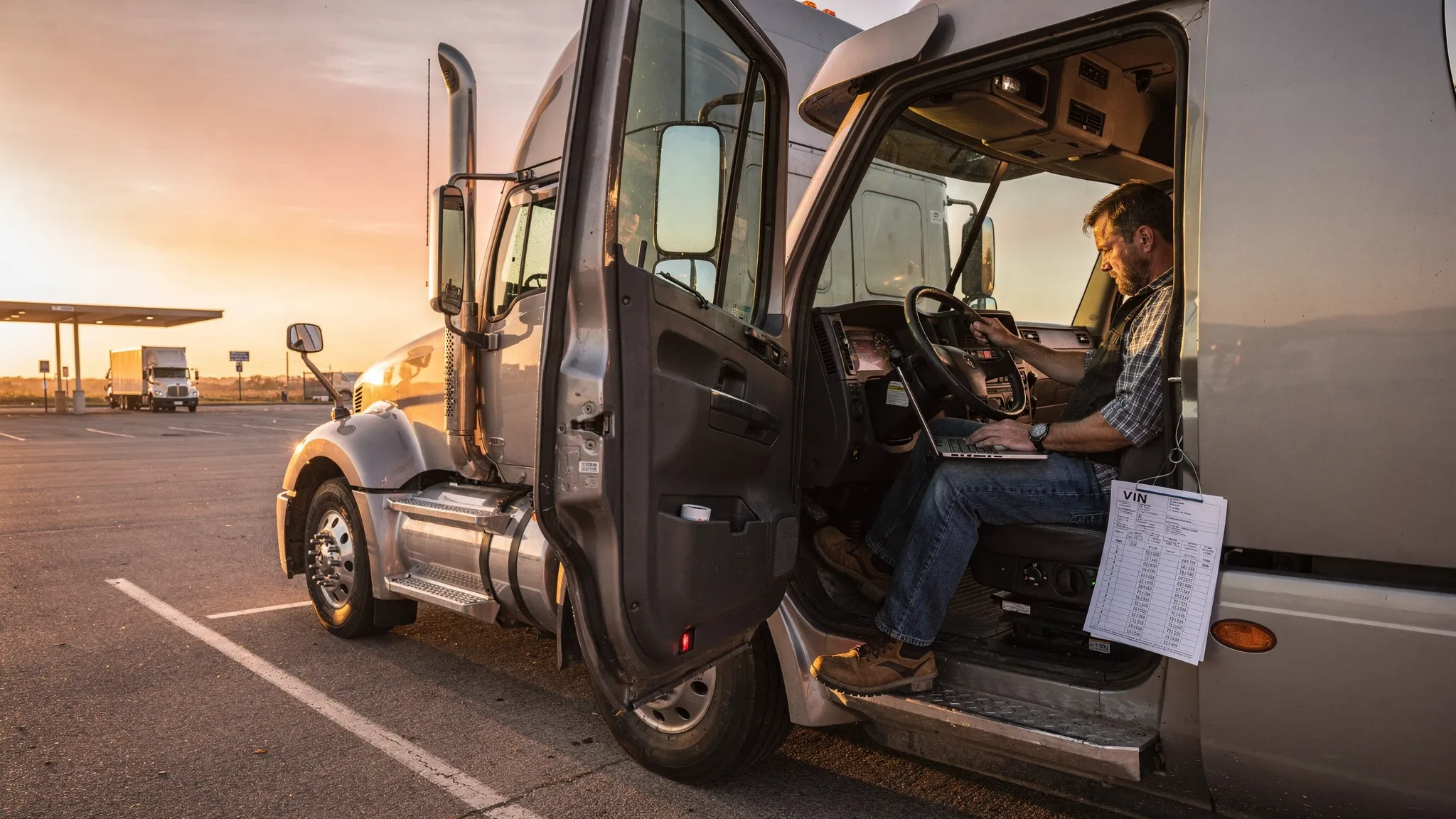 A long-haul truck parked at a rest stop at sunrise, with an owner-operator in the cab using a laptop to e-file Form 2290.
