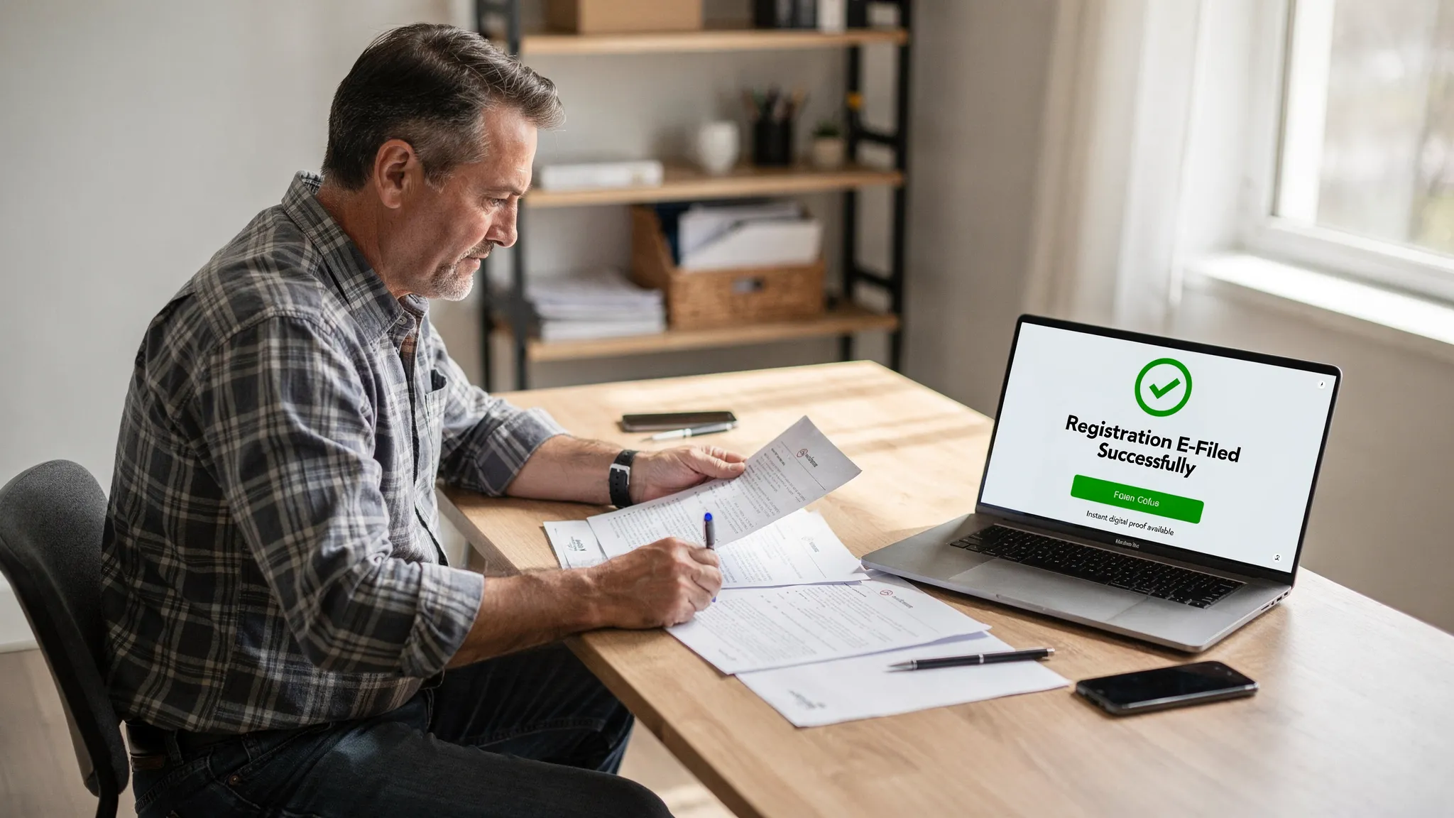A truck owner at a desk reviewing vehicle details on paper while a laptop shows a confirmation-style page, suggesting successful e-filing and quick proof for registration. The laptop screen faces the viewer and shows no specific real logos or private data.