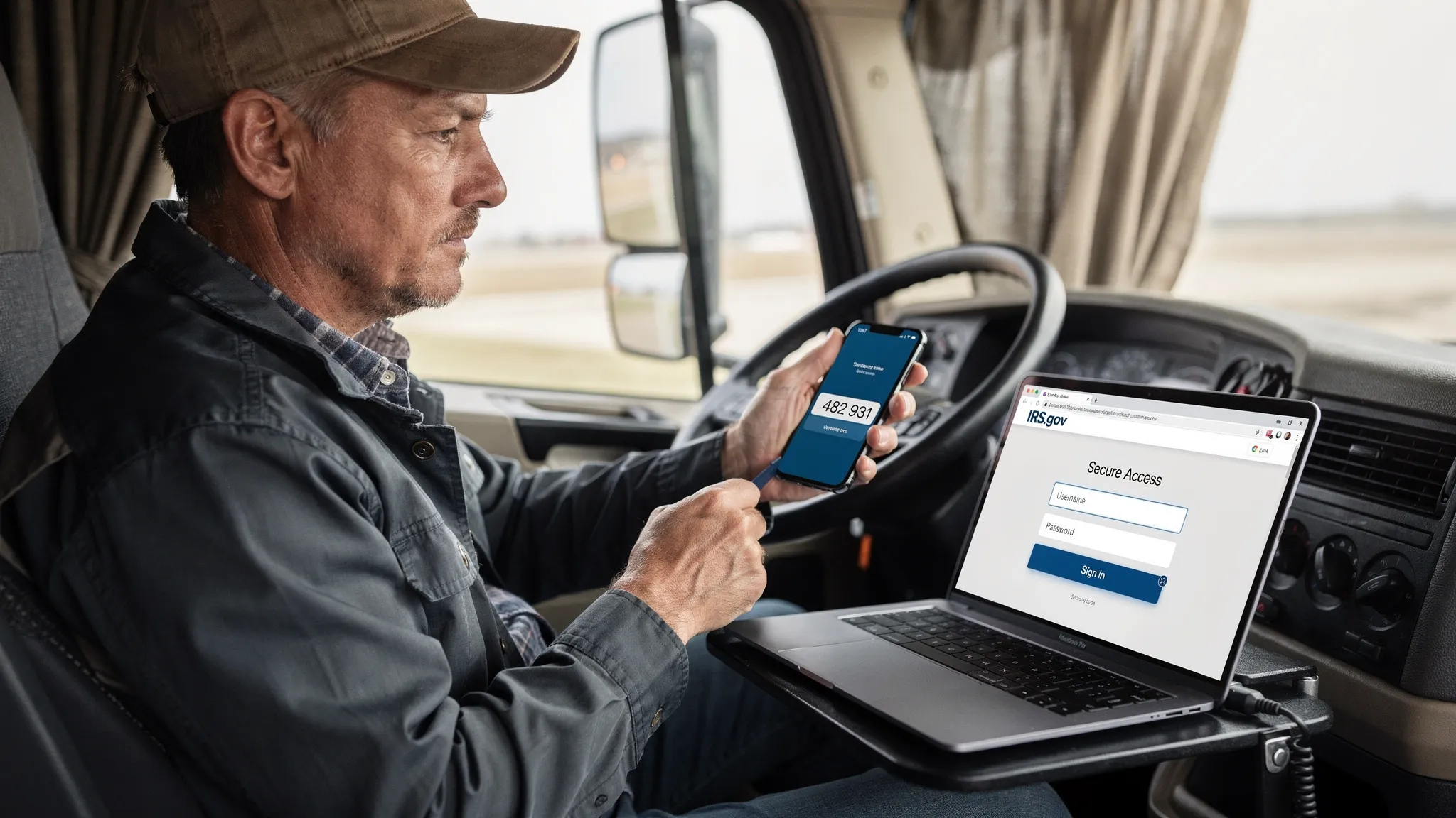 A truck owner-operator sitting in a cab with a laptop open, carefully typing credentials on an IRS.gov login page, with a phone showing a two-factor authentication code.