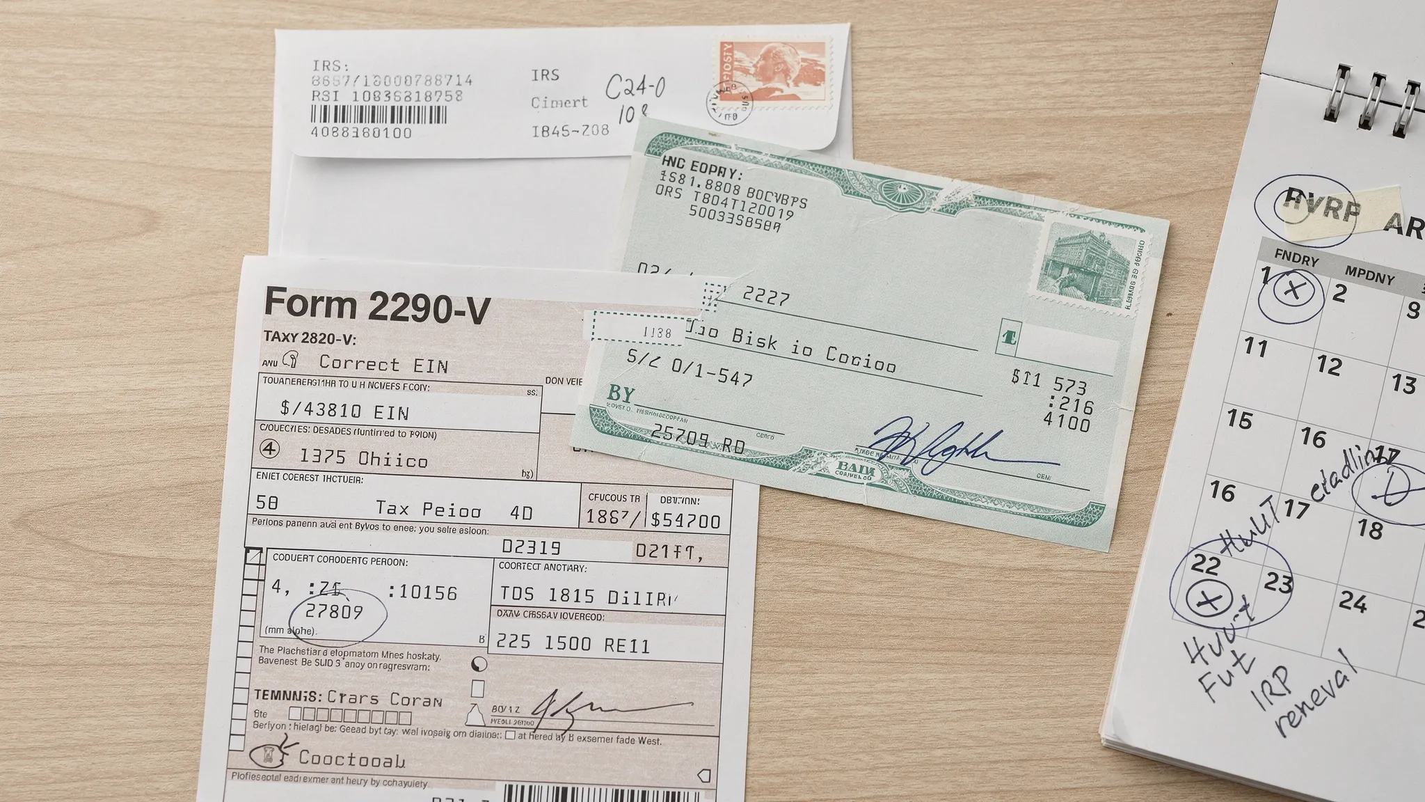 A simple desk scene showing a filled IRS payment voucher labeled “Form 2290-V,” a check, a stamped envelope, and a calendar marked with HVUT and IRP deadlines, emphasizing accurate EIN and tax period entry.