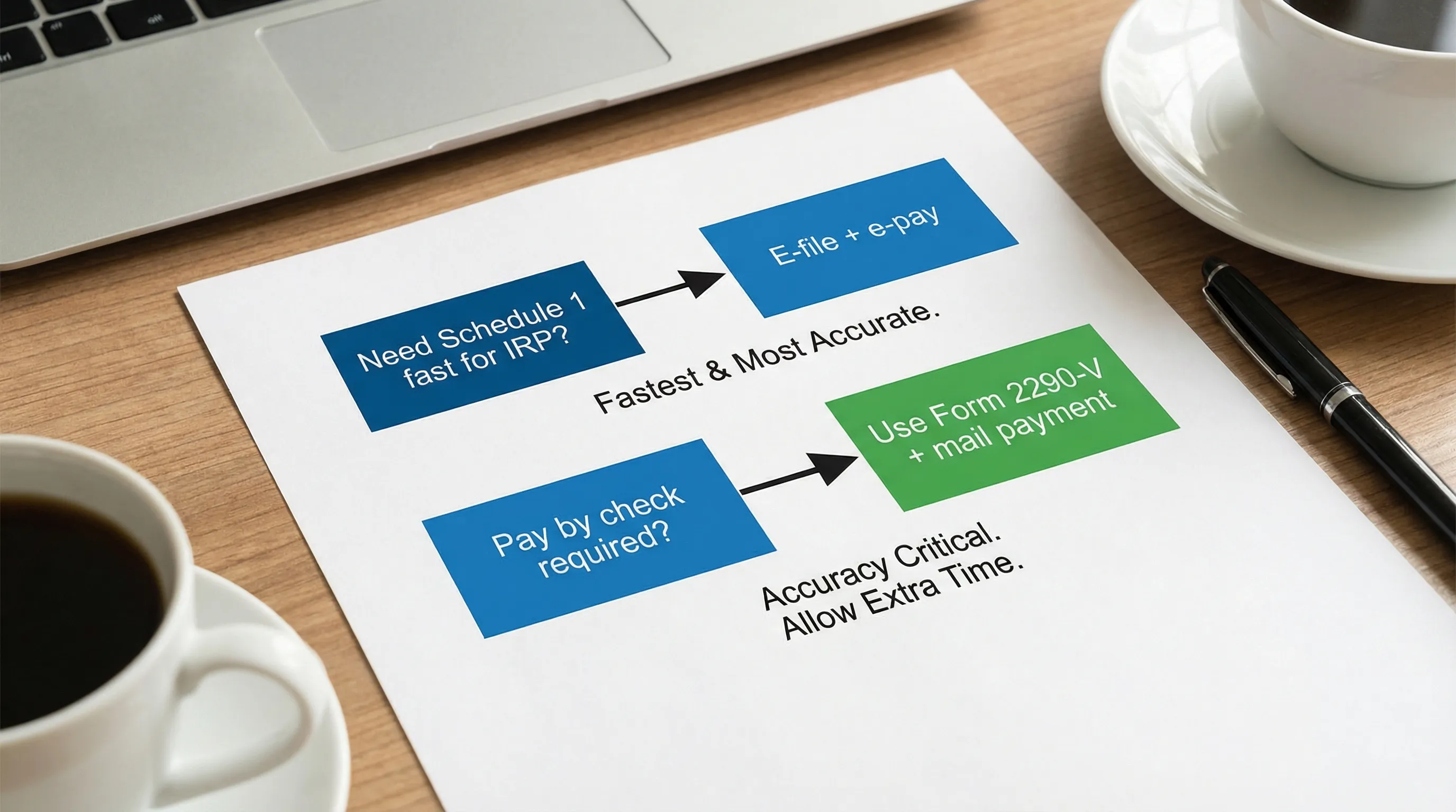A clean decision flow diagram with four boxes: “Need Schedule 1 fast for IRP?” leading to “E-file + e-pay,” and “Pay by check required?” leading to “Use Form 2290-V + mail payment,” emphasizing timing and accuracy.