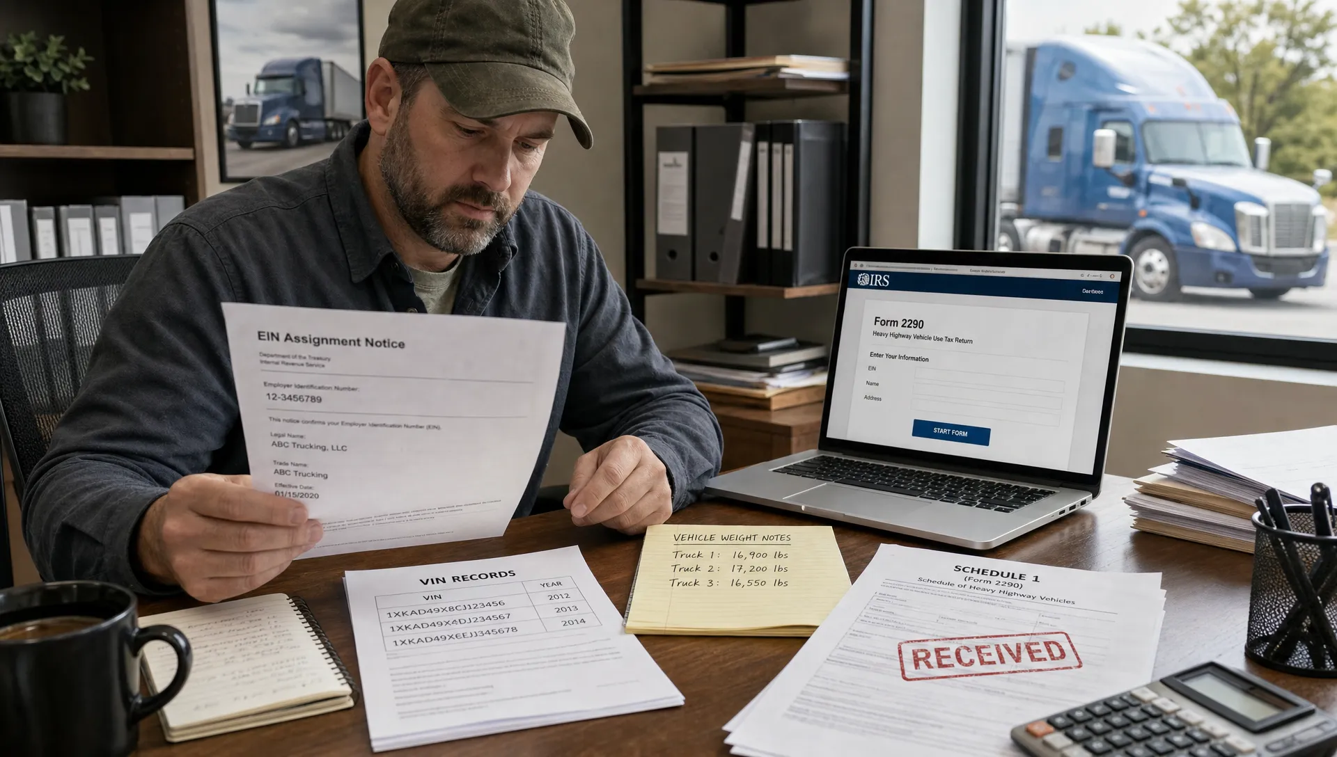 An adult truck owner reviews an EIN notice, VIN records, vehicle weight notes and a stamped Schedule 1 before filing Form 2290.