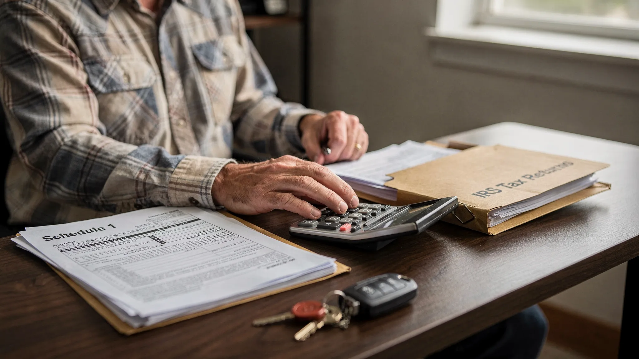 A truck owner at a desk reviewing tax paperwork with a calculator, a folder labeled IRS Tax Returns, a set of truck keys nearby, and a printed Schedule 1 document visible on top of the stack.