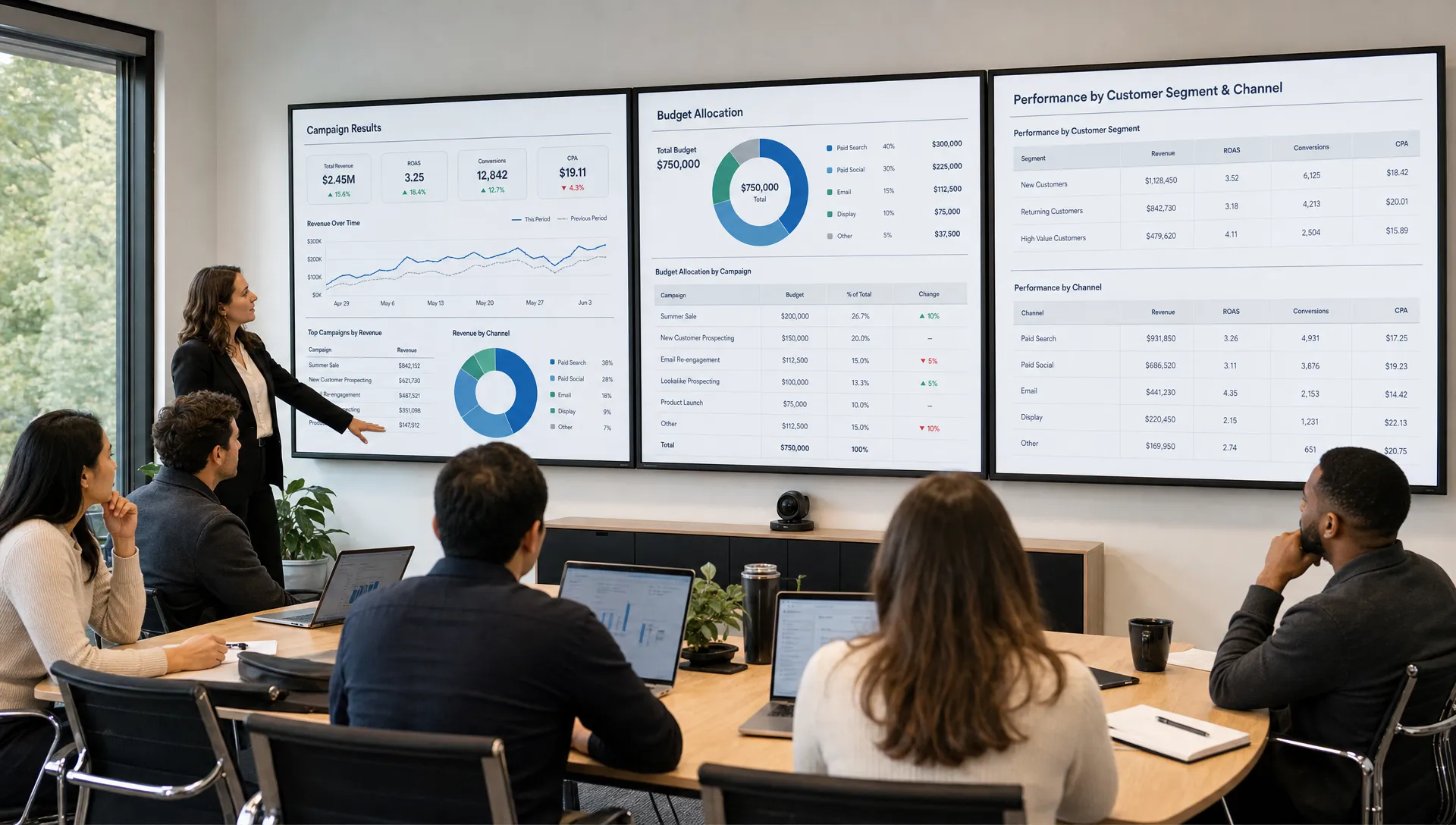 A workshop scene showing teams reviewing campaign results, budget choices, customer segments, and channel performance on shared screens facing them.