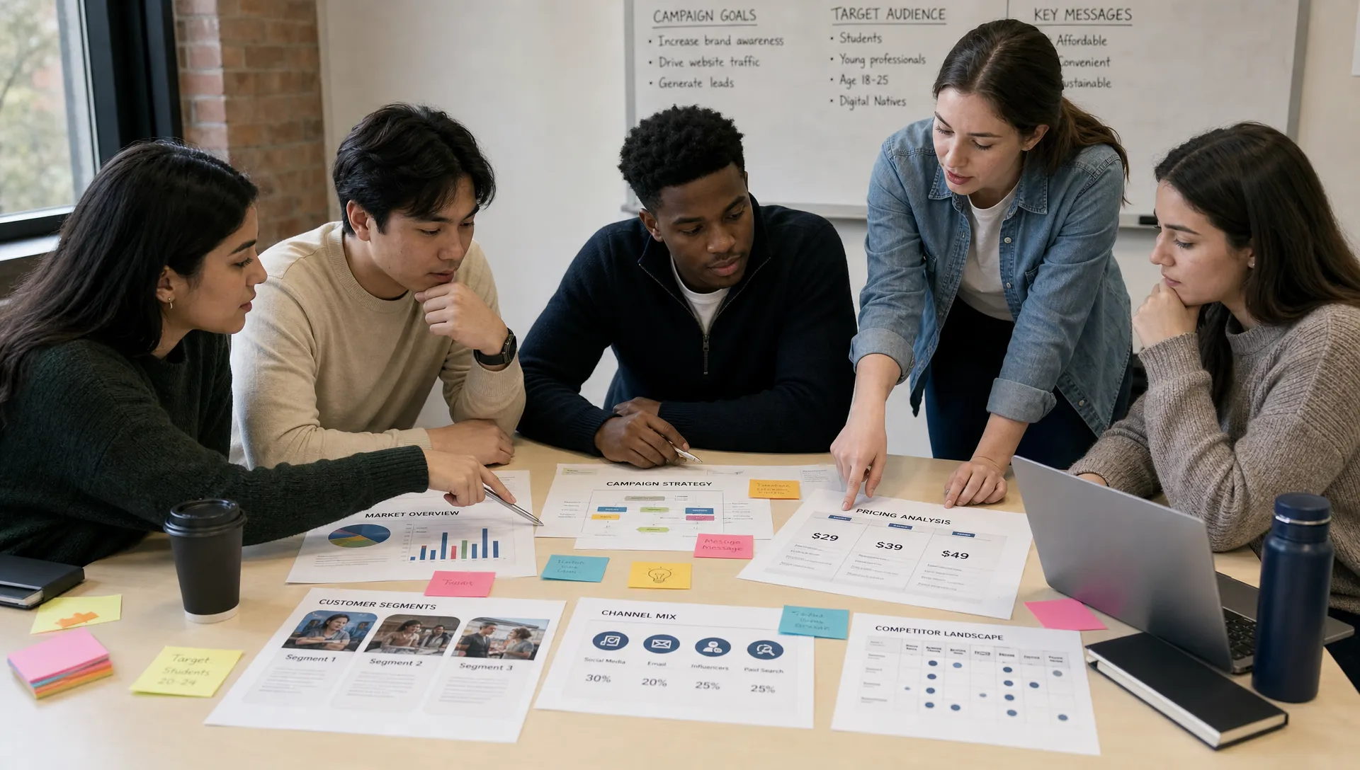 Marketing students gathered around a table reviewing printed market data, sticky notes, pricing charts, and customer segment cards as they discuss a campaign decision together.