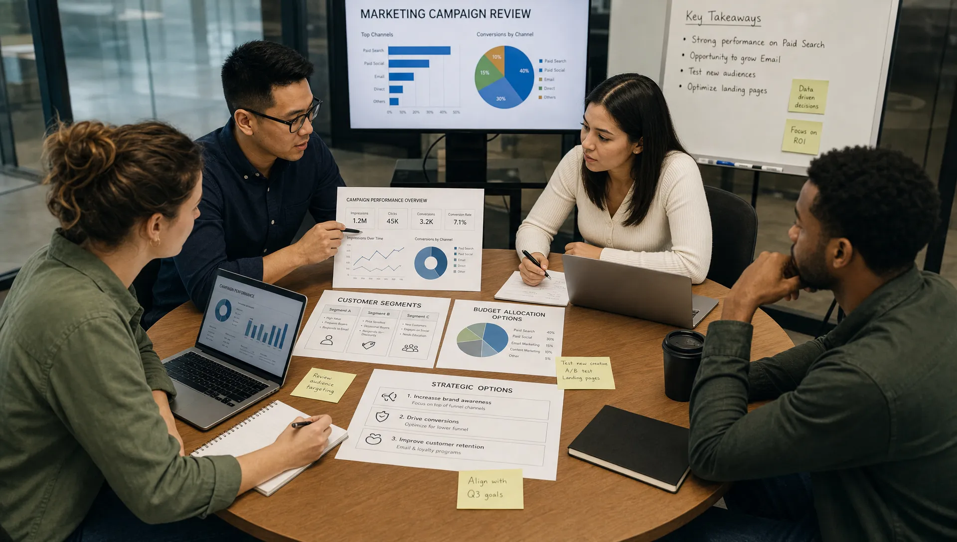 A team of marketing learners reviewing campaign results and strategic options around a round table, with charts, customer segments, and budget allocation notes visible on shared materials.
