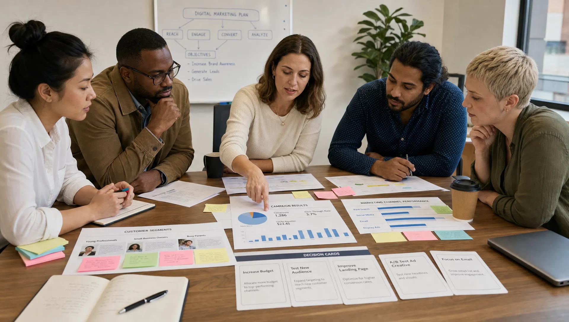 A group of adult learners gathered around a table reviewing customer segment notes, campaign results and decision cards for a digital marketing plan.